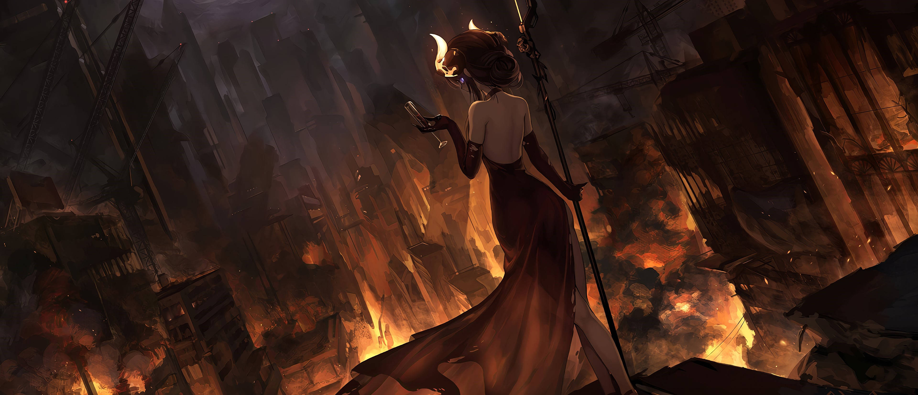 Hell, burning ruined cityscape, woman in a flowing gown, 4K Desktop Wallpaper