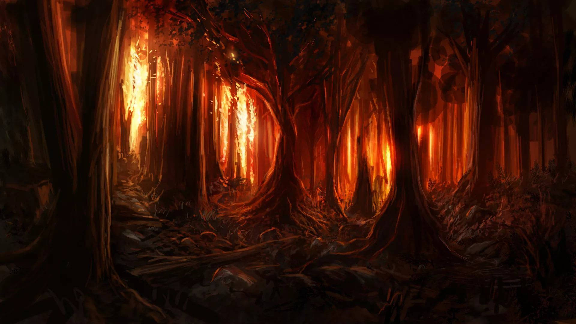 Hell, dark forest, towering trees, Full HD Desktop Wallpaper