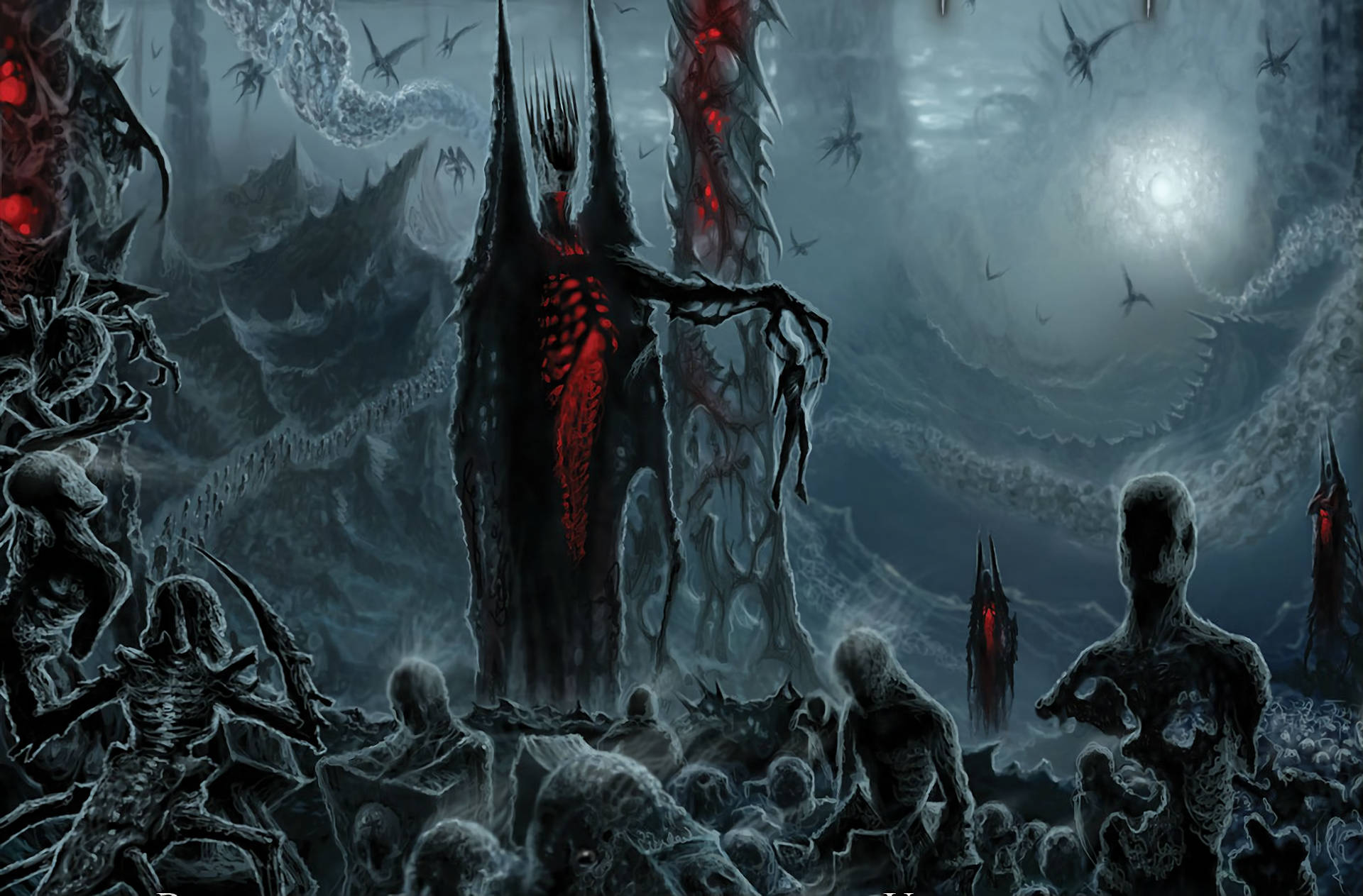 Hell, red glowing monoliths, skeletal creatures, Full HD Desktop Wallpaper