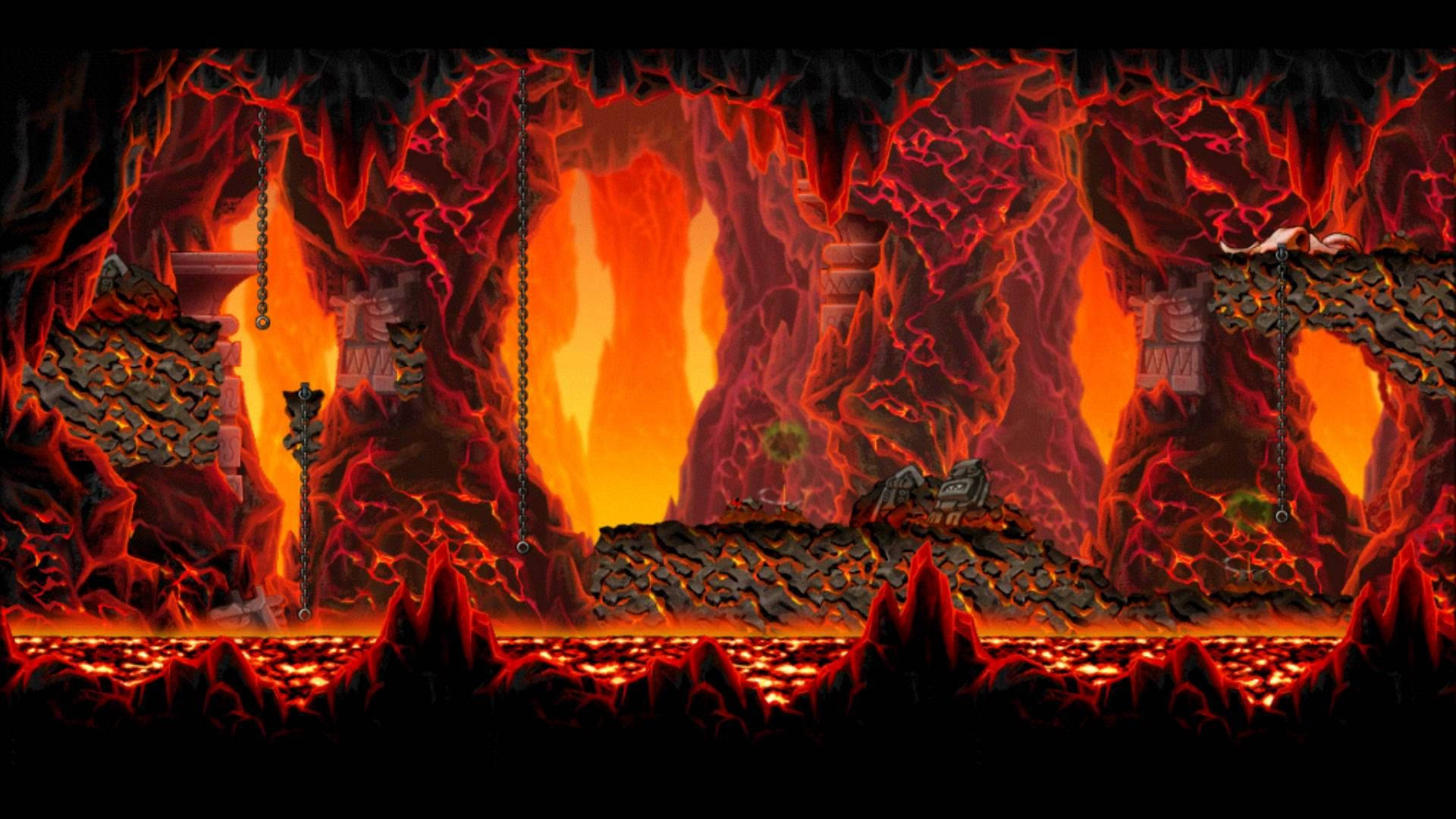 Hell, fiery lava-filled cavern, glowing orange molten rock formations, Full HD Desktop Wallpaper