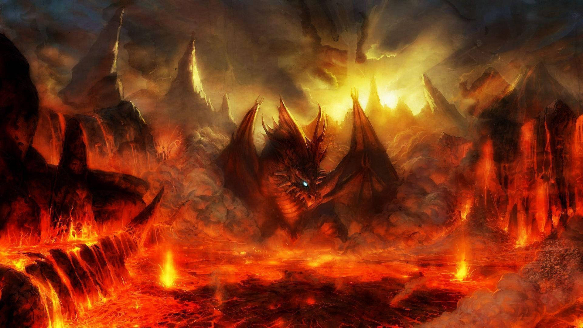 Hell, dragon, glowing blue eyes, Full HD Desktop Wallpaper