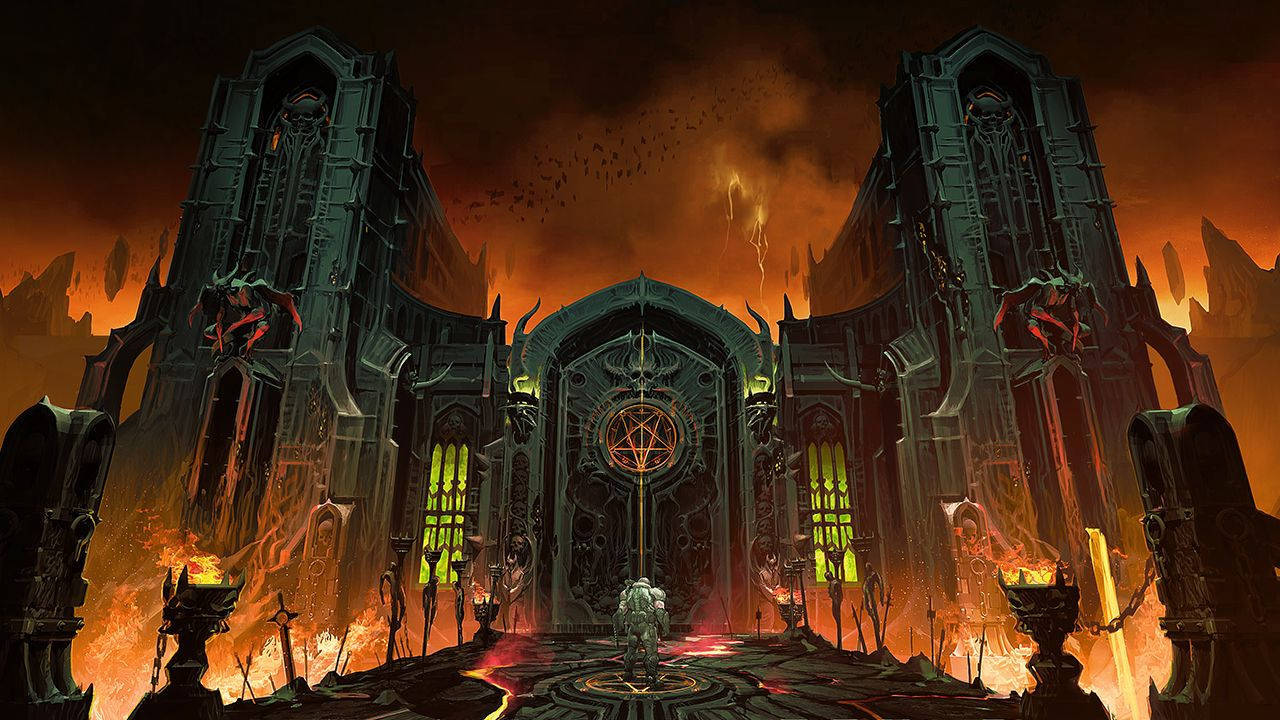 Hell, gothic cathedral, fiery orange flames, HD Desktop Wallpaper
