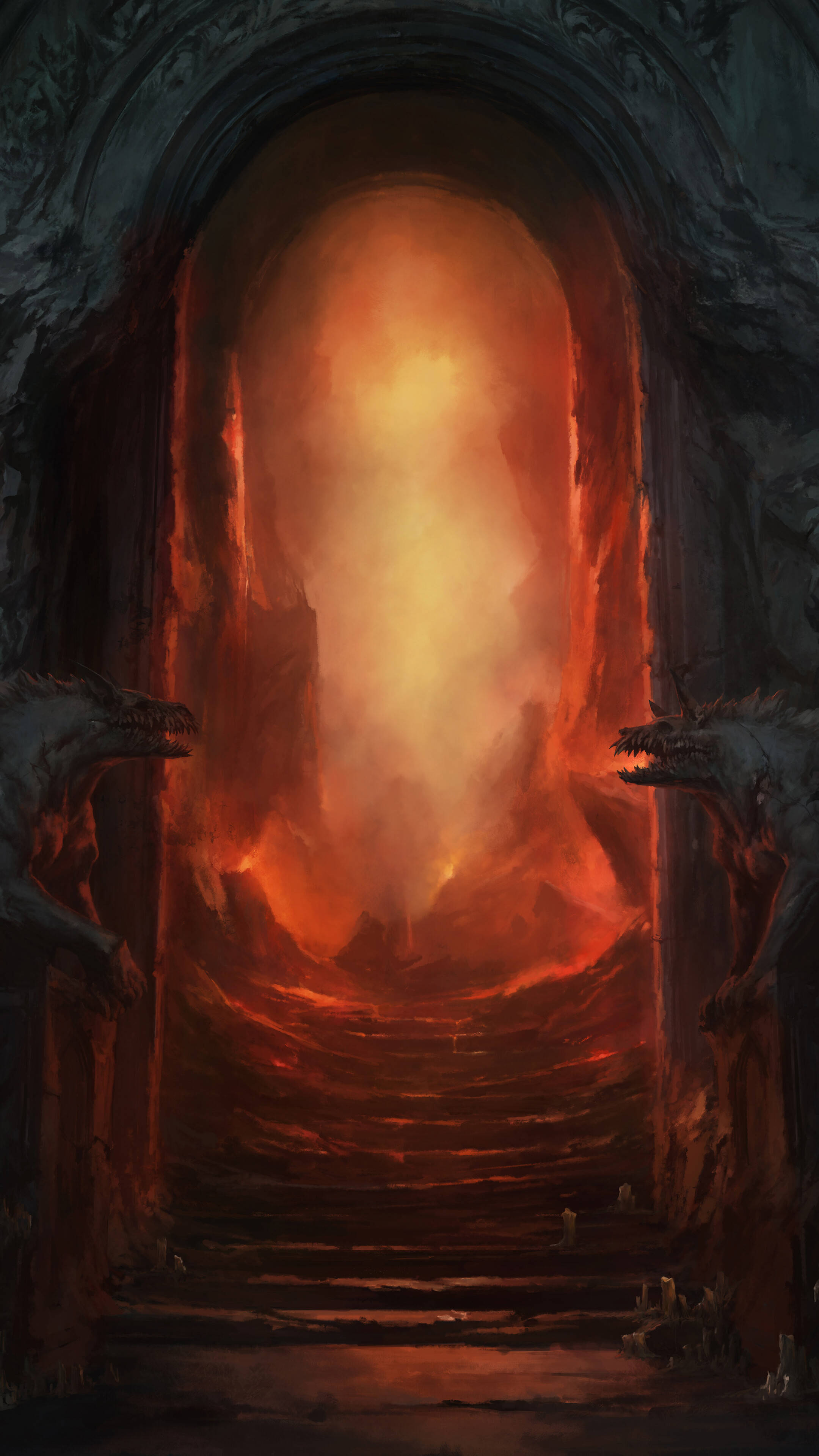 Hell, dark stone archway, glowing fiery abyss, 4K Phone Wallpaper
