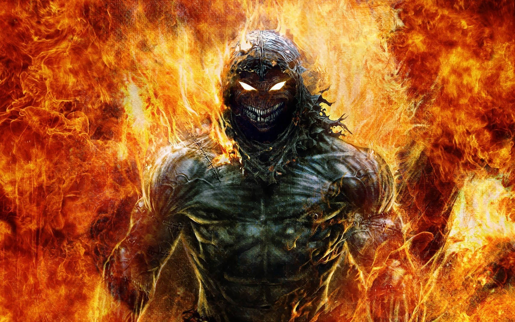 hell, glowing white eyes, roaring orange flames, HD Desktop Wallpaper