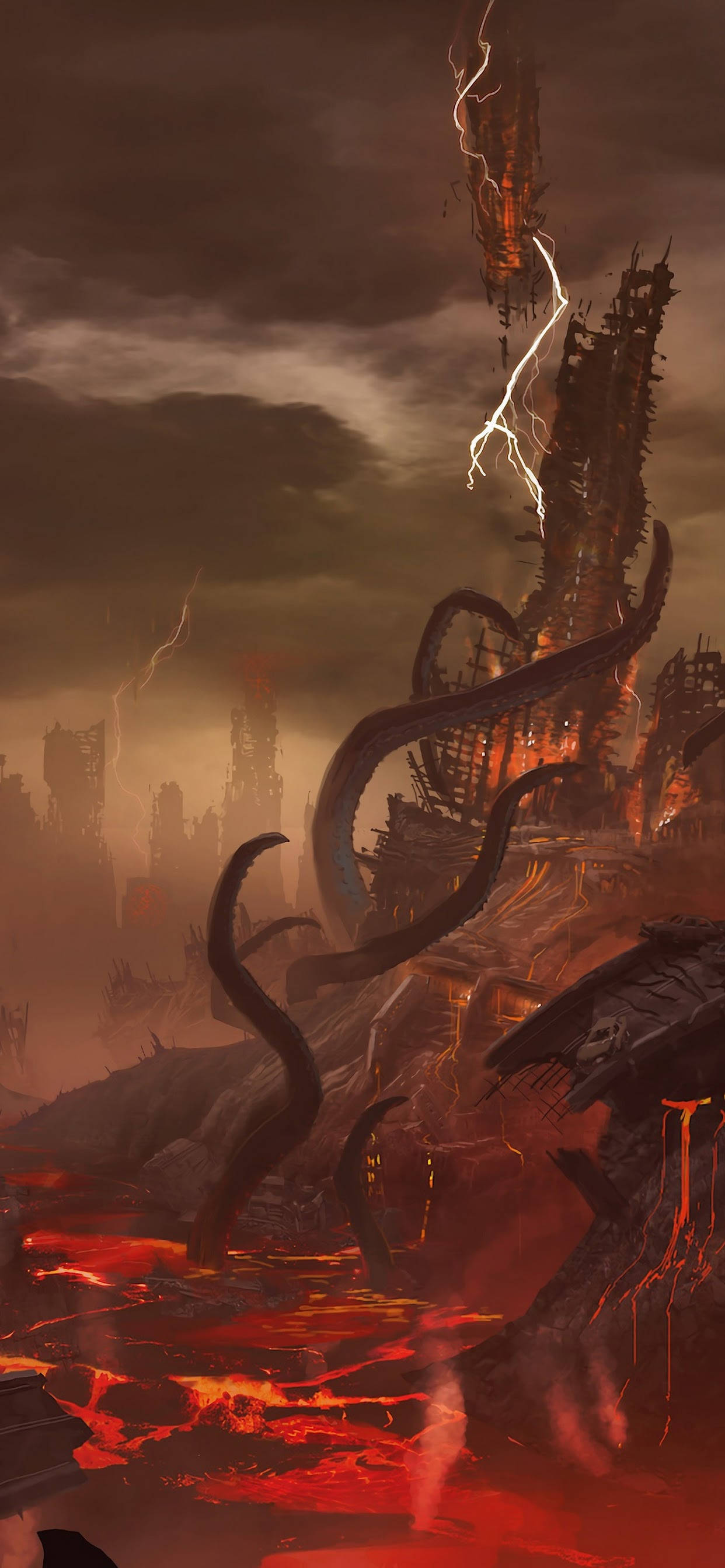 Hell, molten lava, stormy sky, 2K Phone Wallpaper