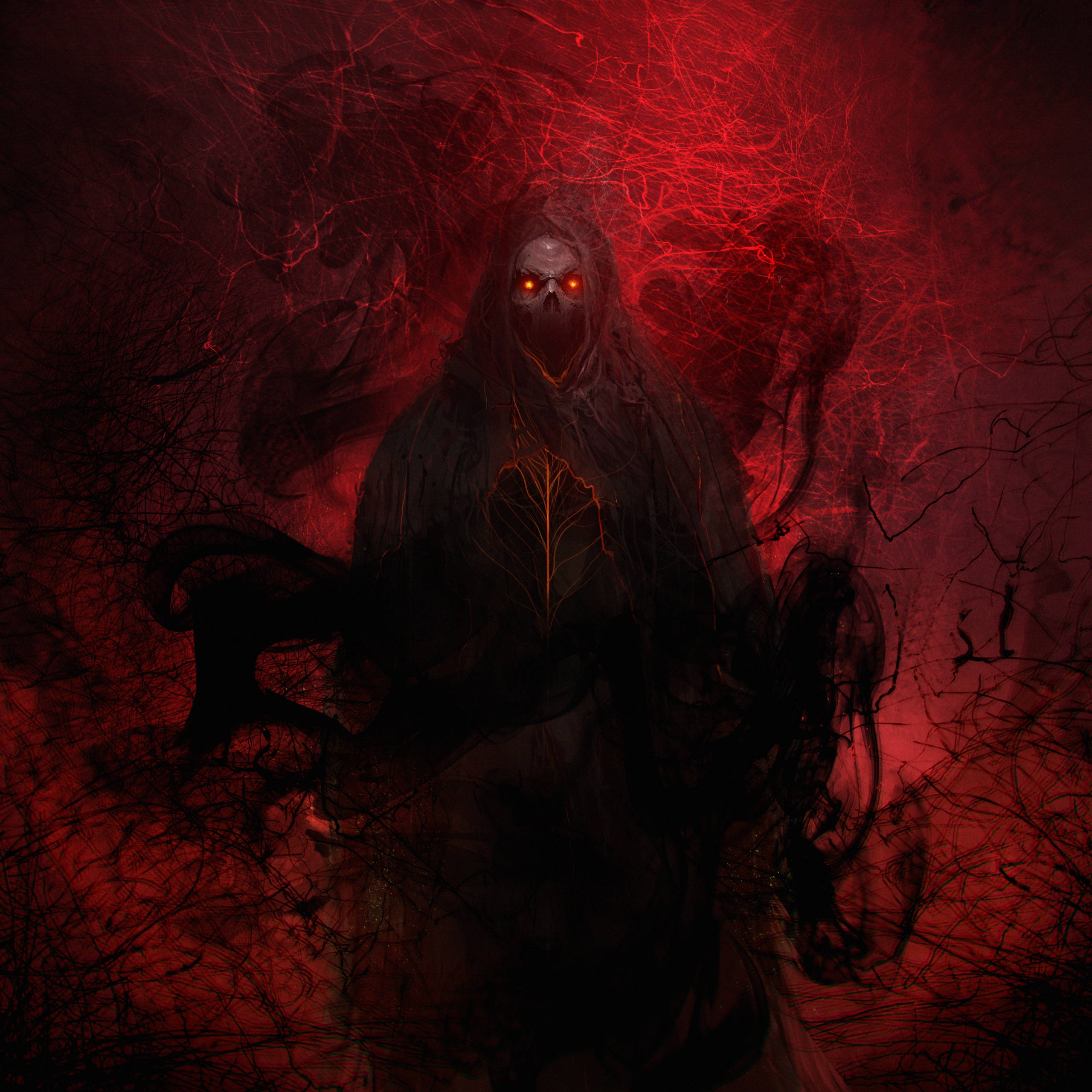 hooded skeletal figure, glowing orange eyes, swirling red energy, 2K Desktop Wallpaper