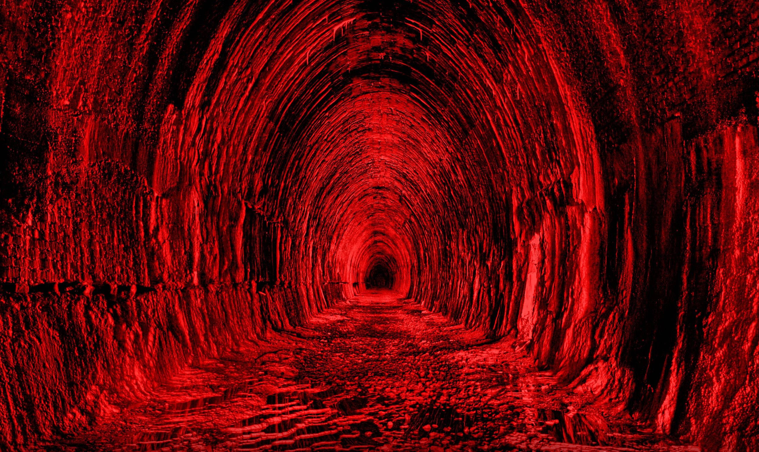 red tunnel, abandoned stone tunnel, eerie red light, 2K Desktop Wallpaper
