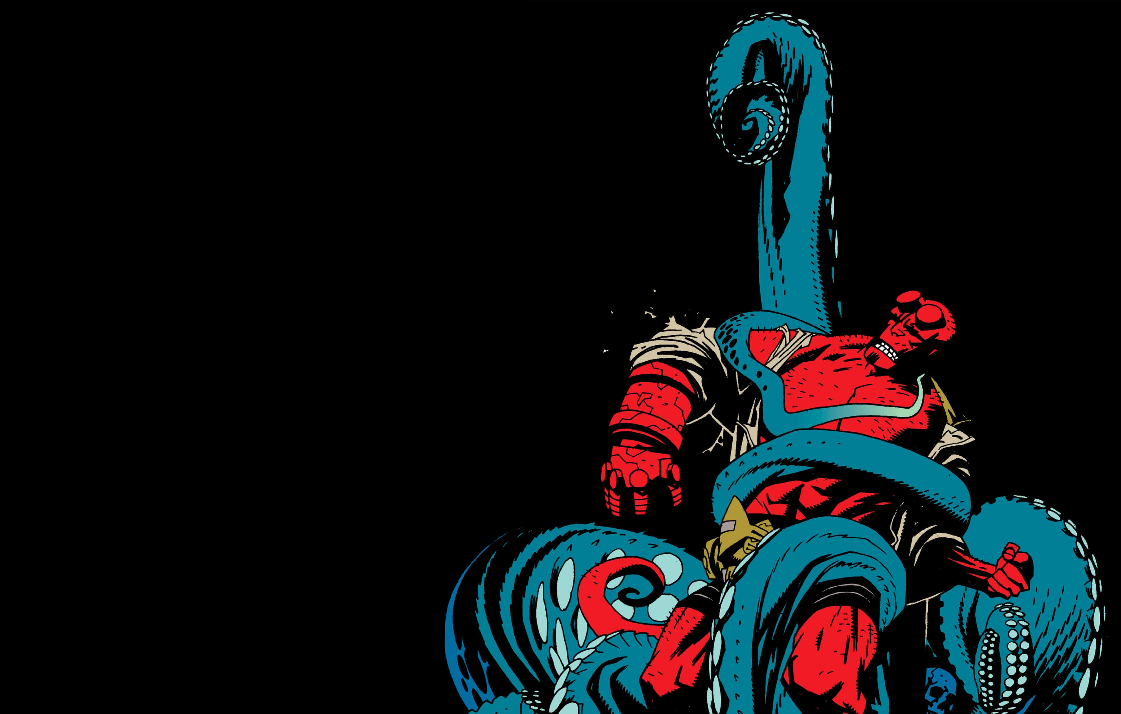 Hellboy, red armor, blue octopus, 2K Desktop Wallpaper