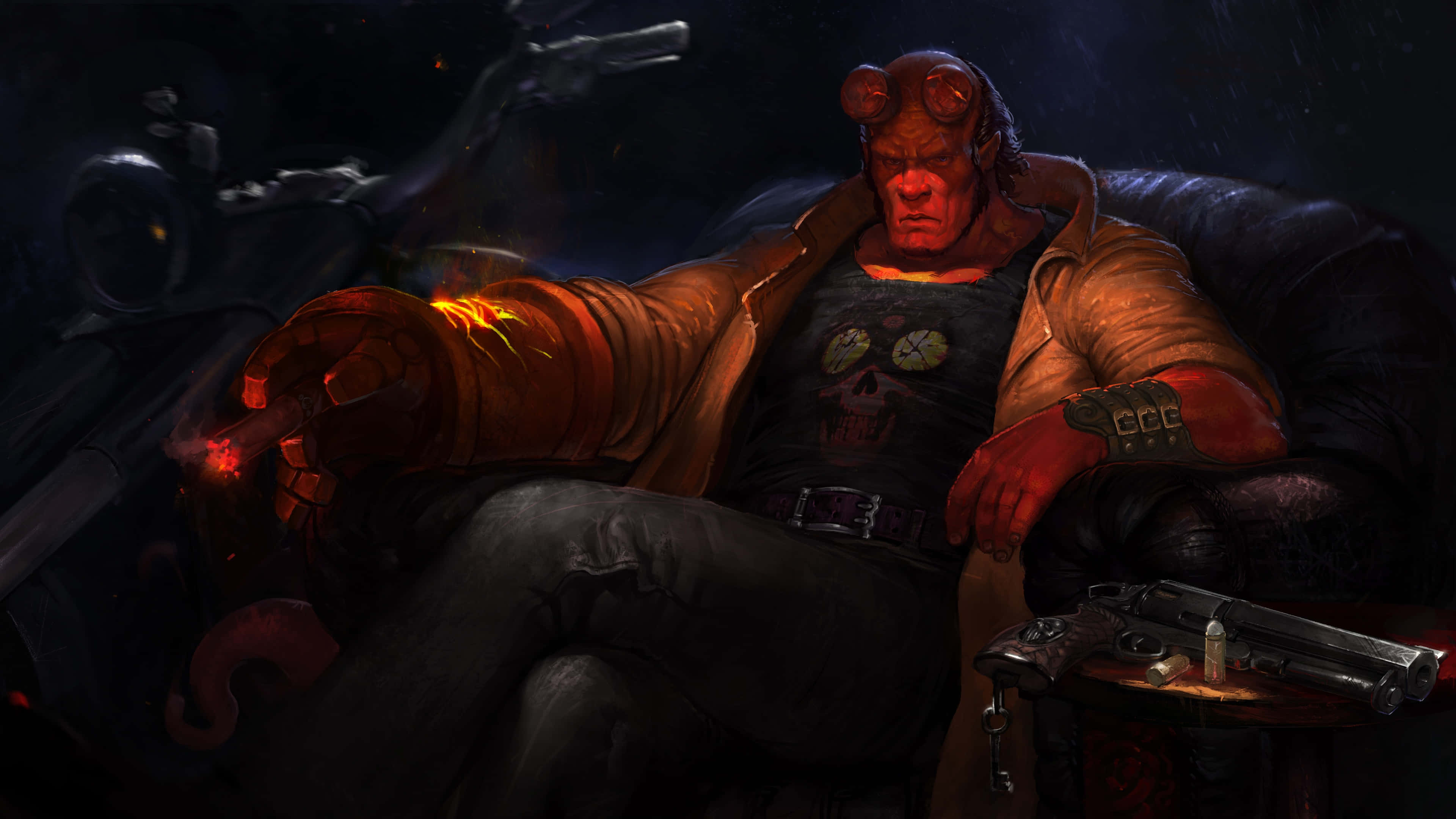 Hellboy, leather chair, cigarette, 4K Desktop Wallpaper