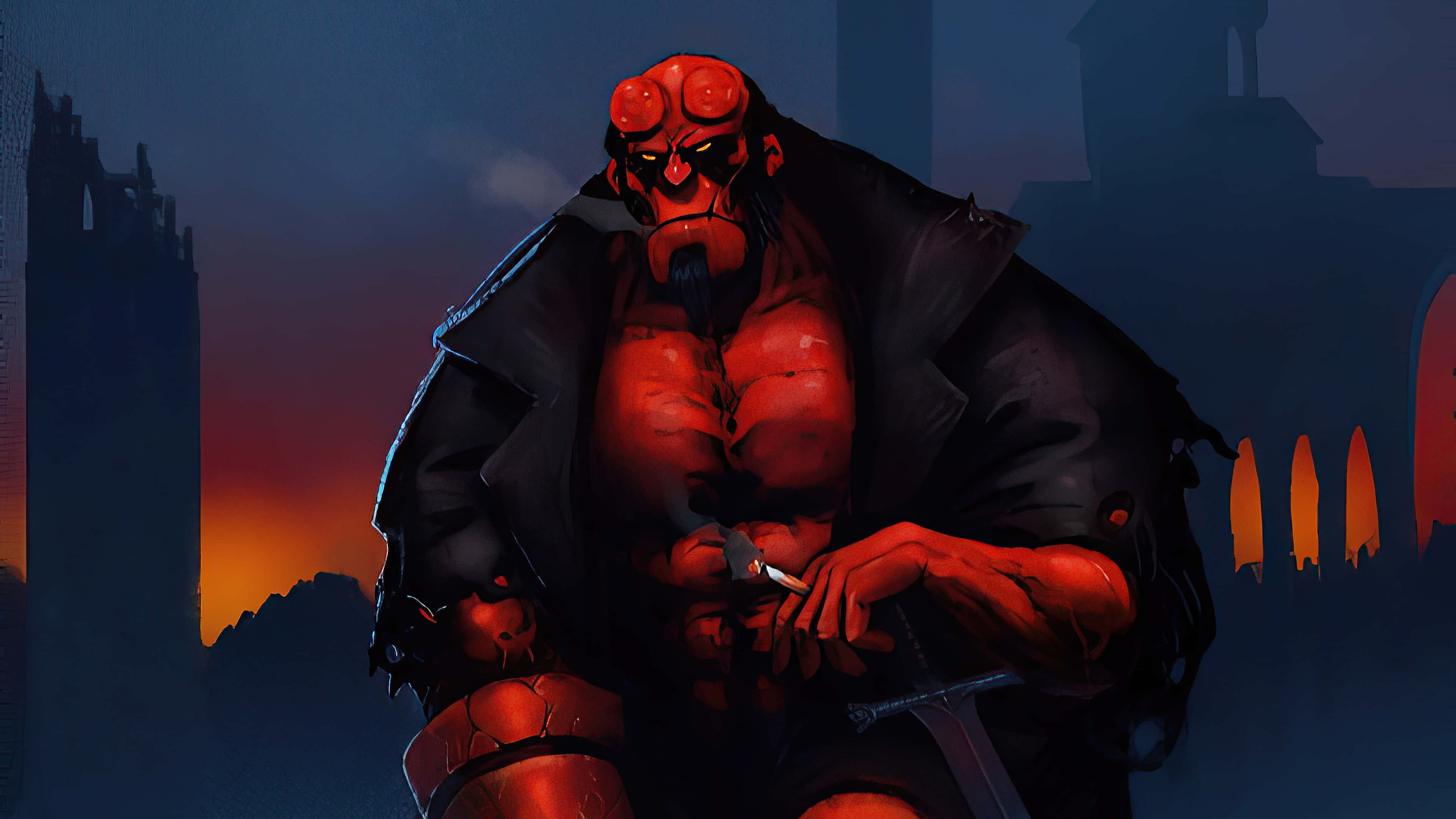 Hellboy, dusk, dark cityscape, 4K Desktop Wallpaper