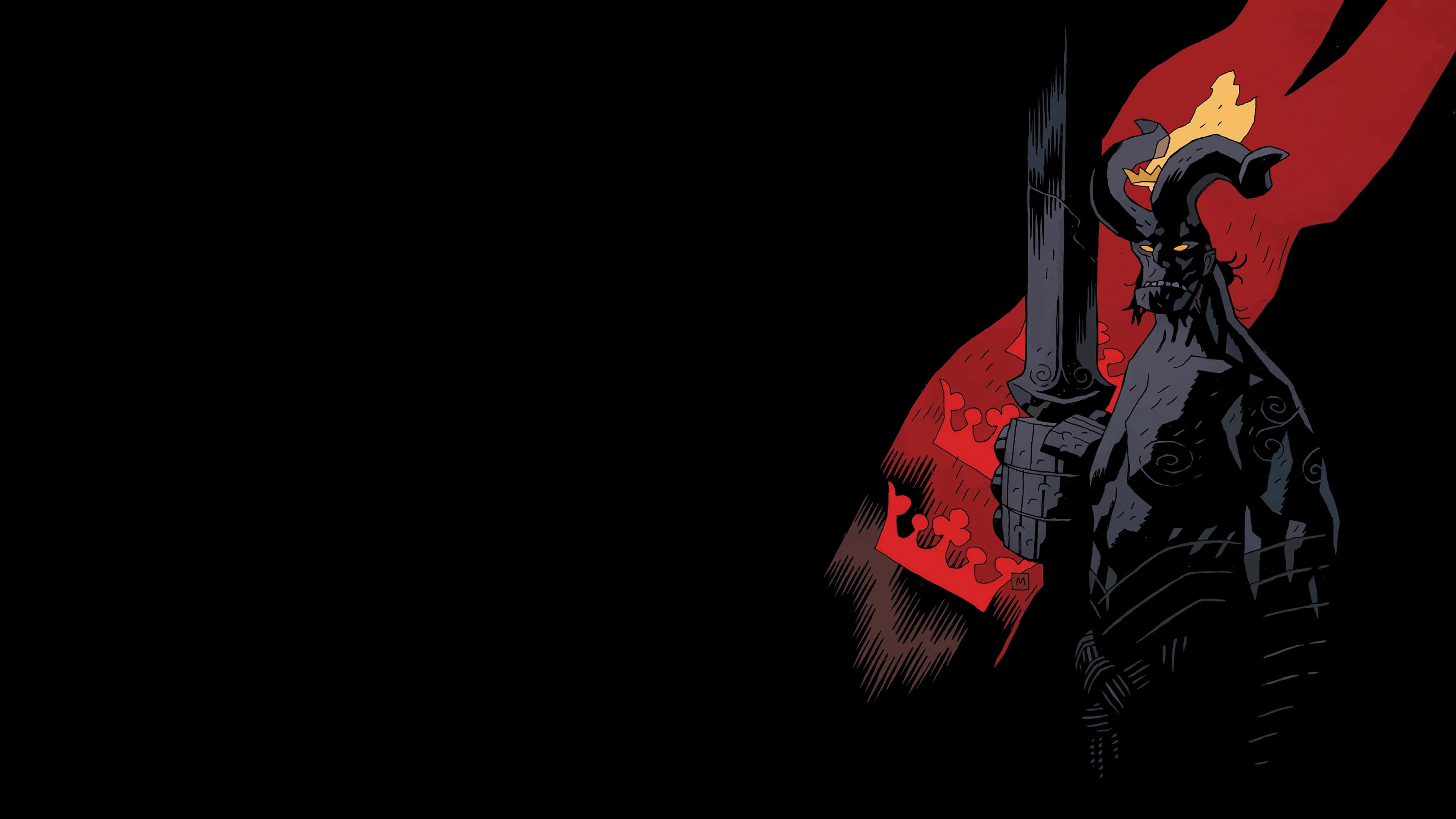 Hellboy, glowing yellow eyes, red cape, 4K Desktop Wallpaper