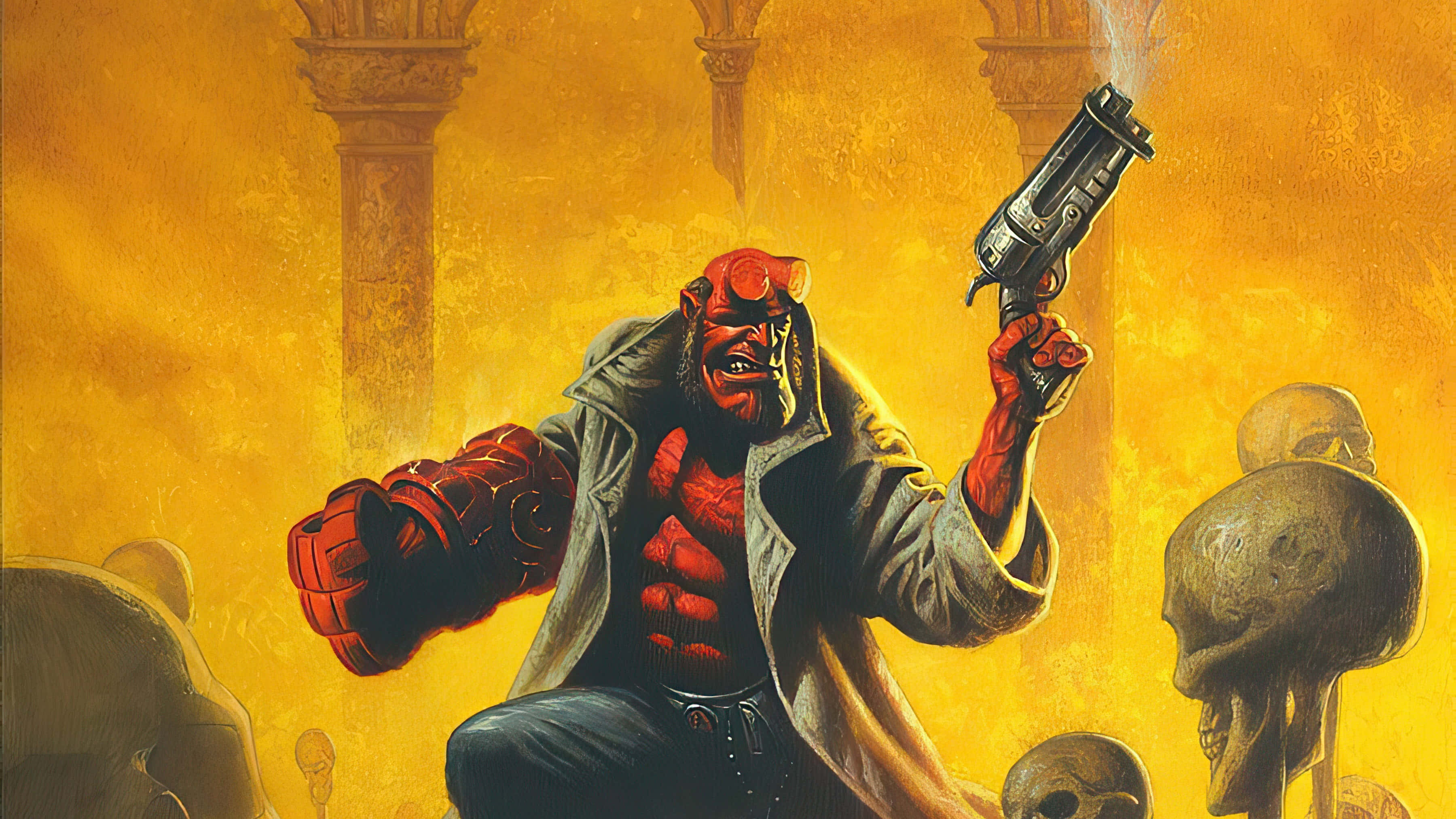 Hellboy, golden-hued chamber, smoking pistol, 2K Desktop Wallpaper