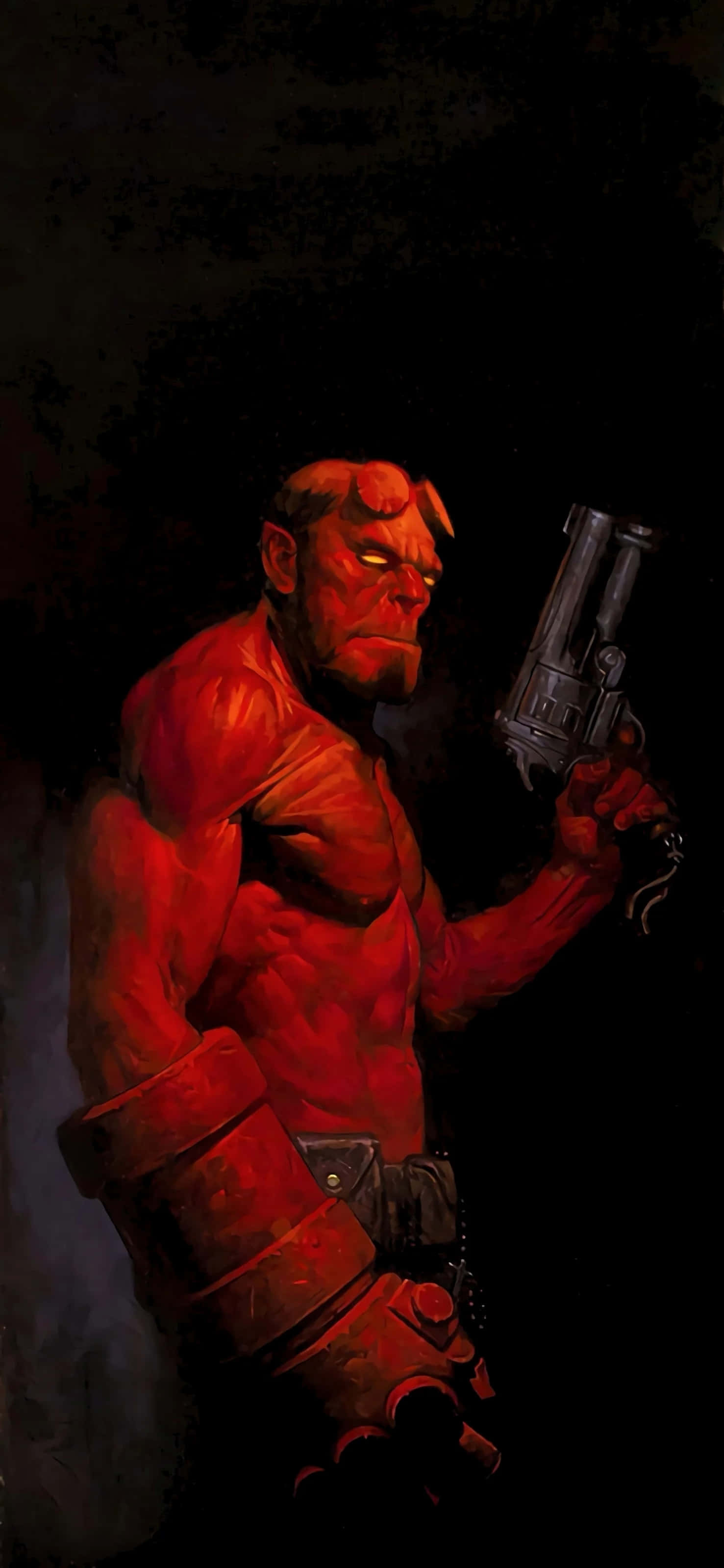 Hellboy, red-skinned, glowing yellow eyes, 2K Phone Wallpaper