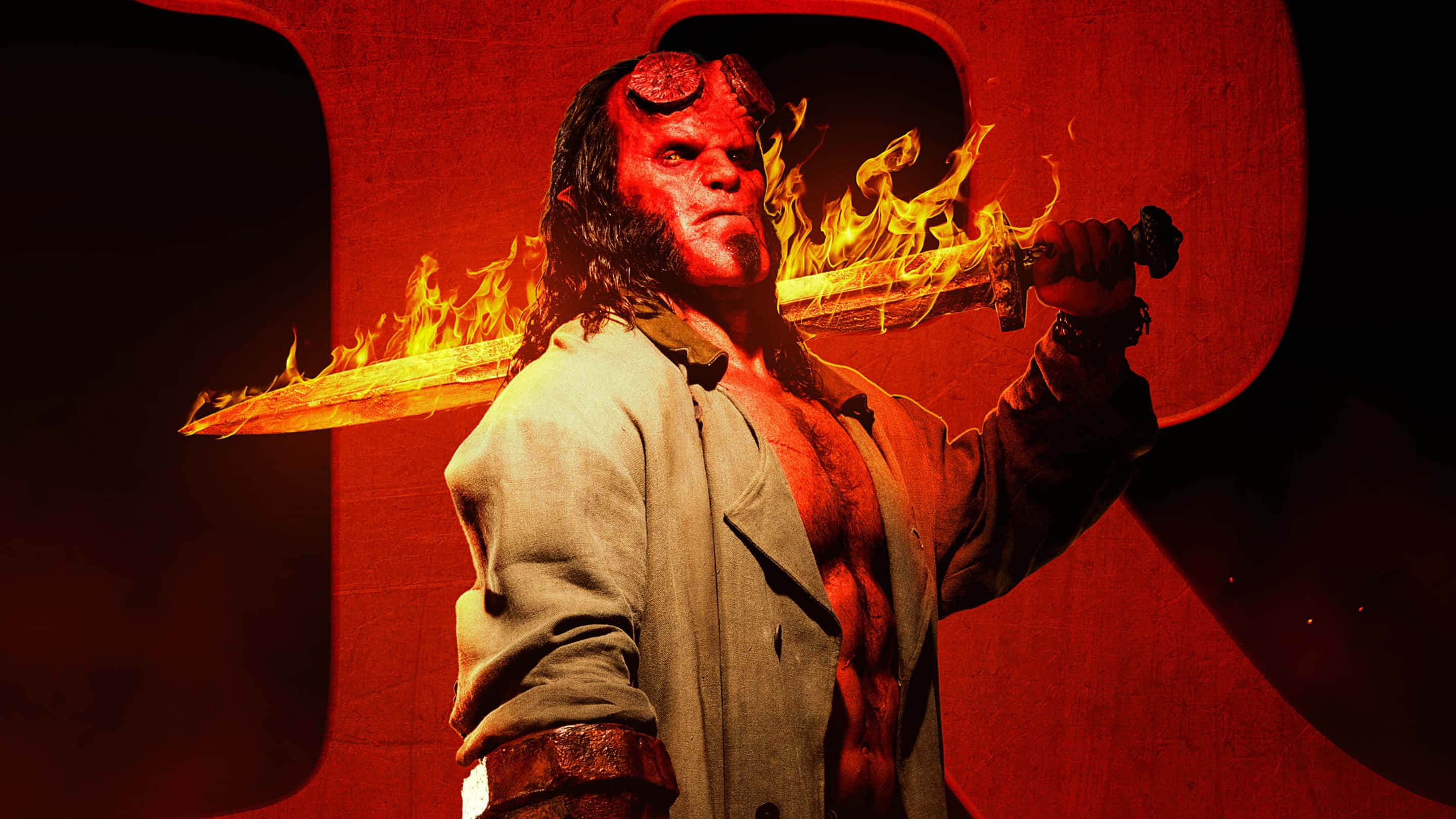 Hellboy, flaming sword, fiery red backdrop, 2K Desktop Wallpaper