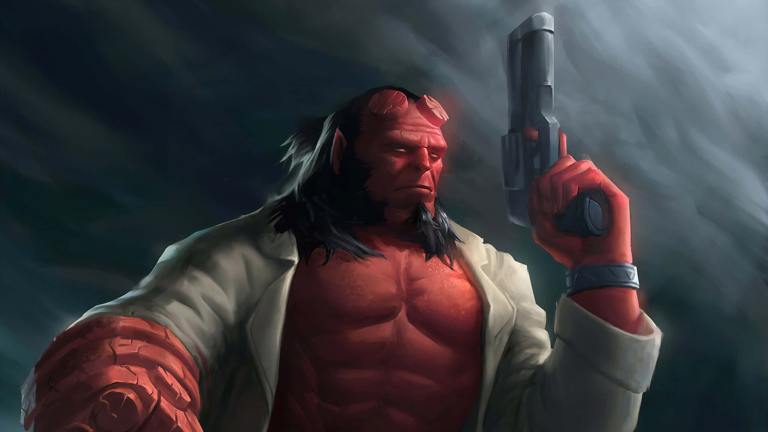 Hellboy, stormy dark setting, pistol, 2K Desktop Wallpaper