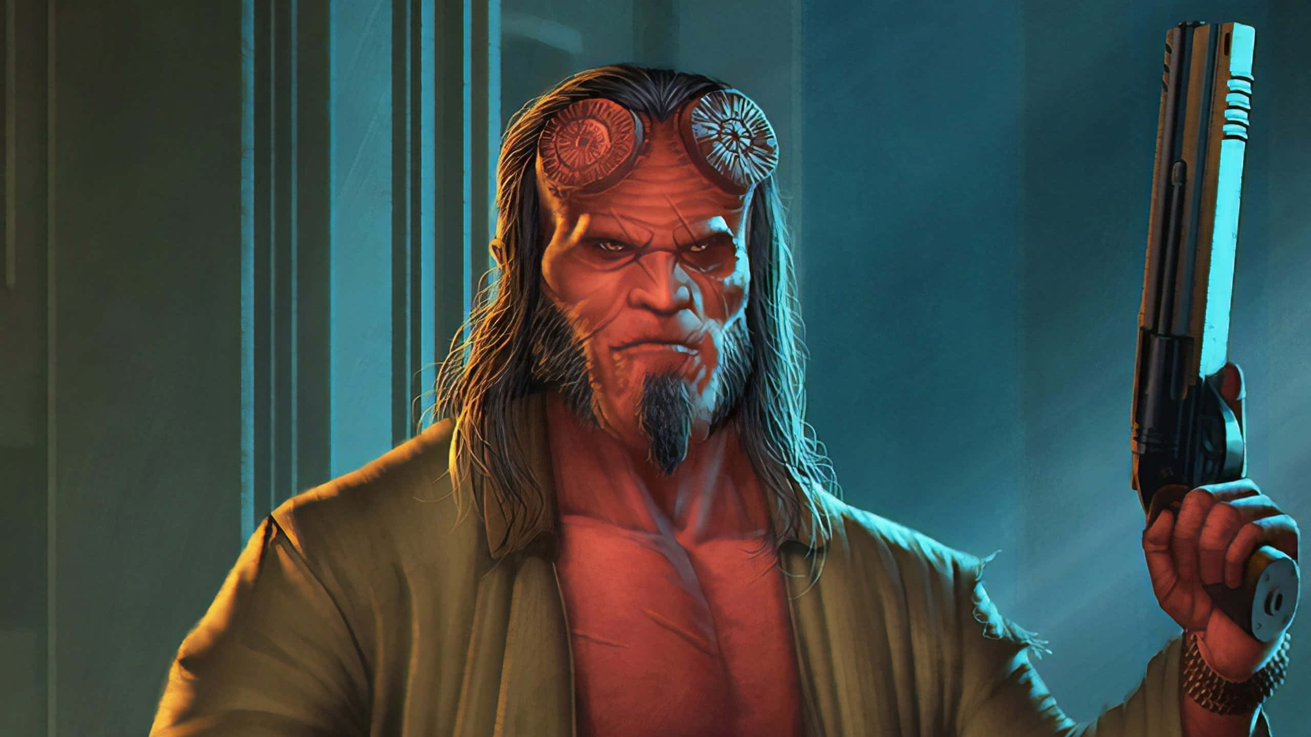 Hellboy, pistol, glowing blue light, 2K Desktop Wallpaper