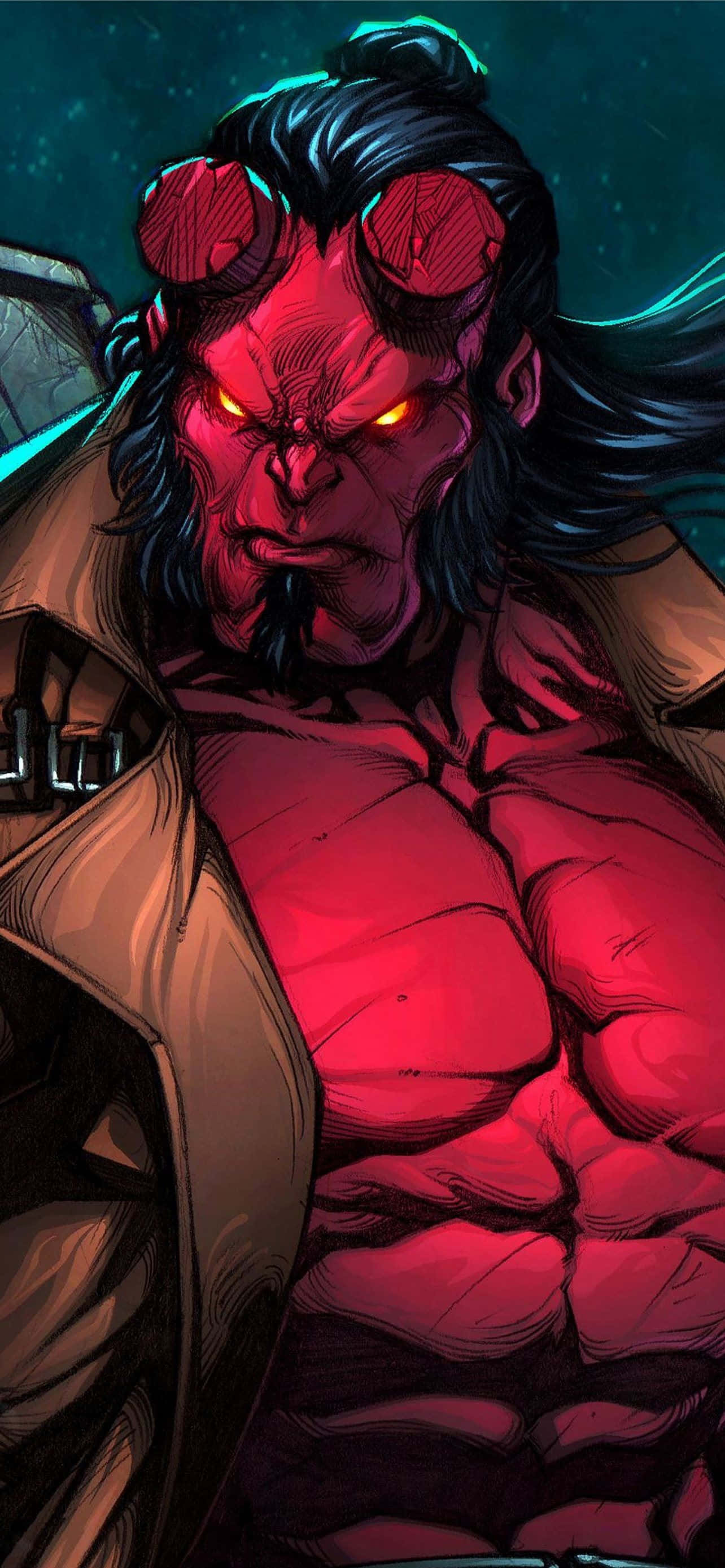 Hellboy, red-skinned, glowing yellow eyes, 2K Phone Wallpaper