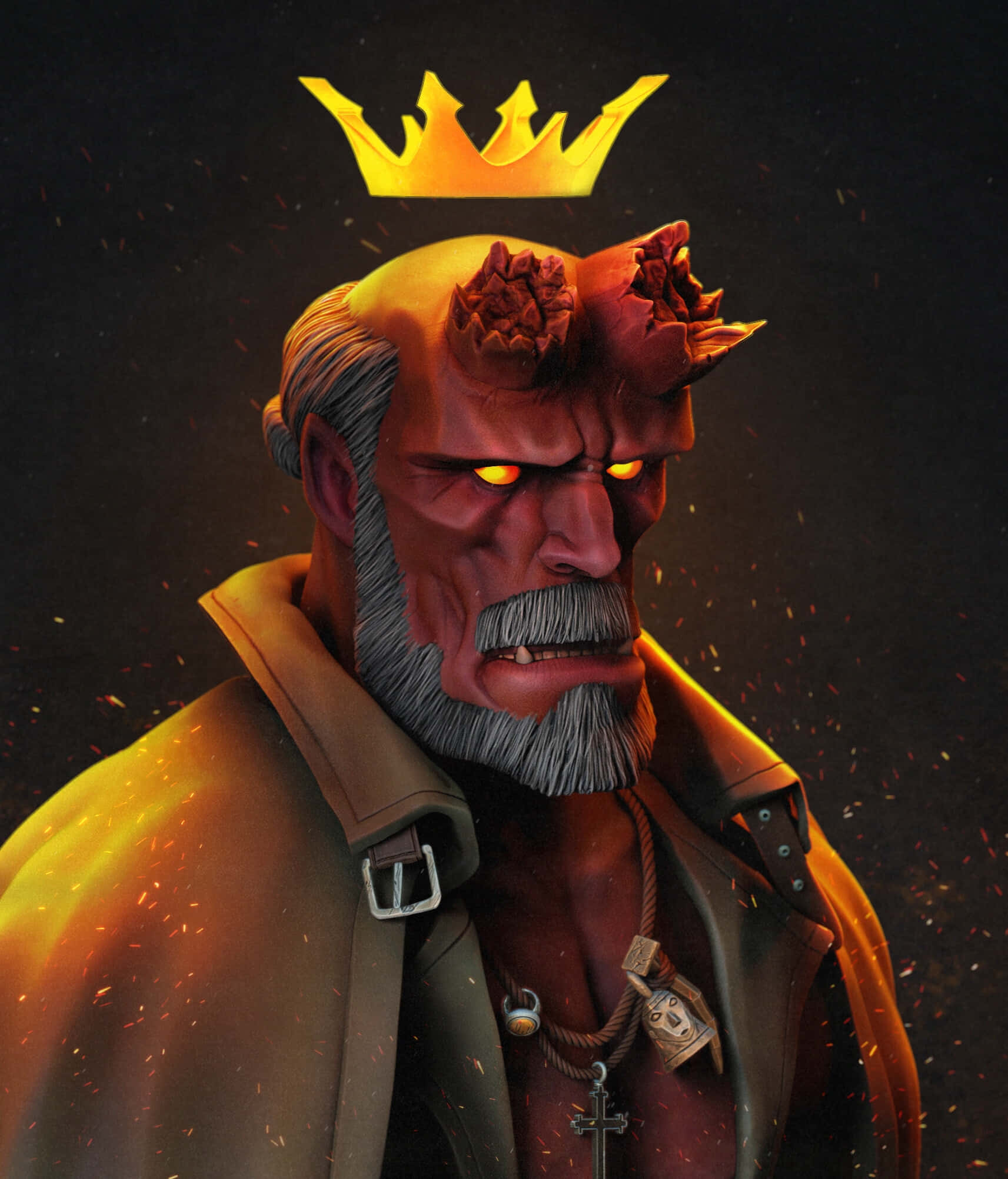 Hellboy, glowing yellow eyes, golden crown, Full HD Phone Wallpaper