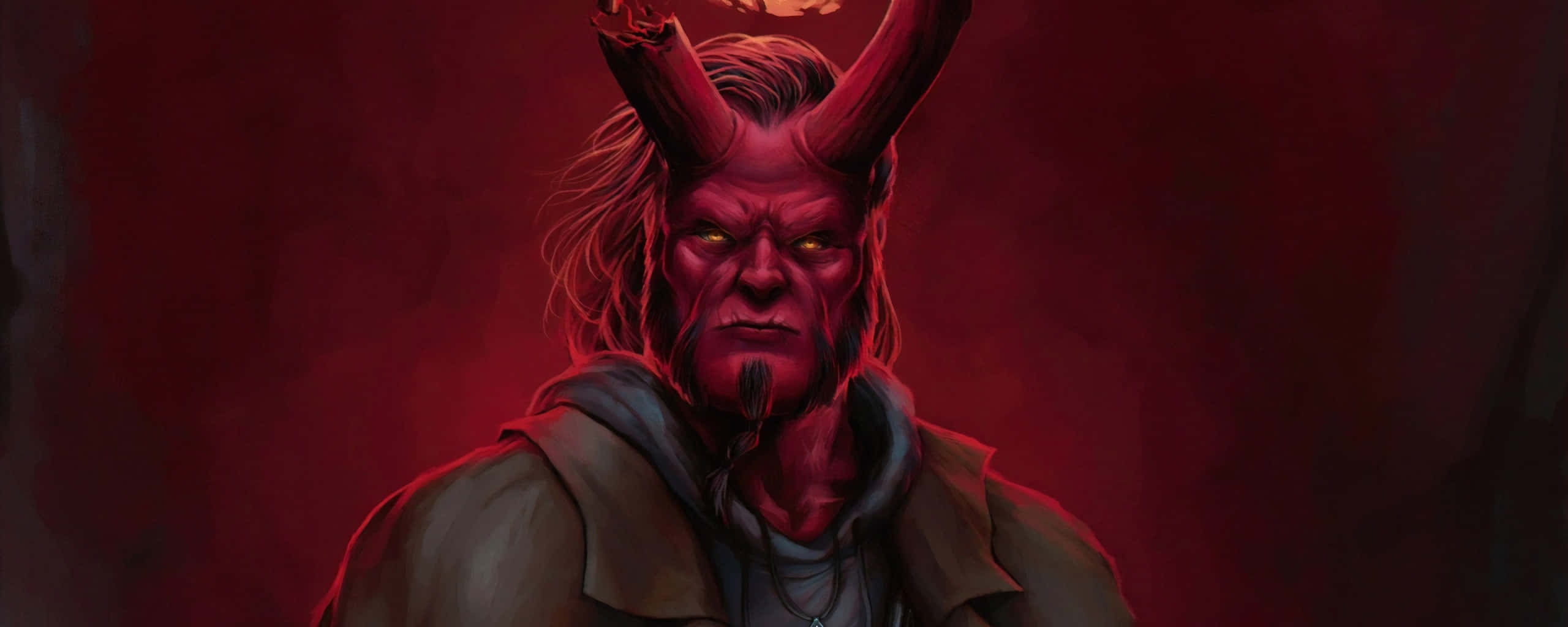 Hellboy, red-skinned, glowing yellow eyes, 2K Desktop Wallpaper