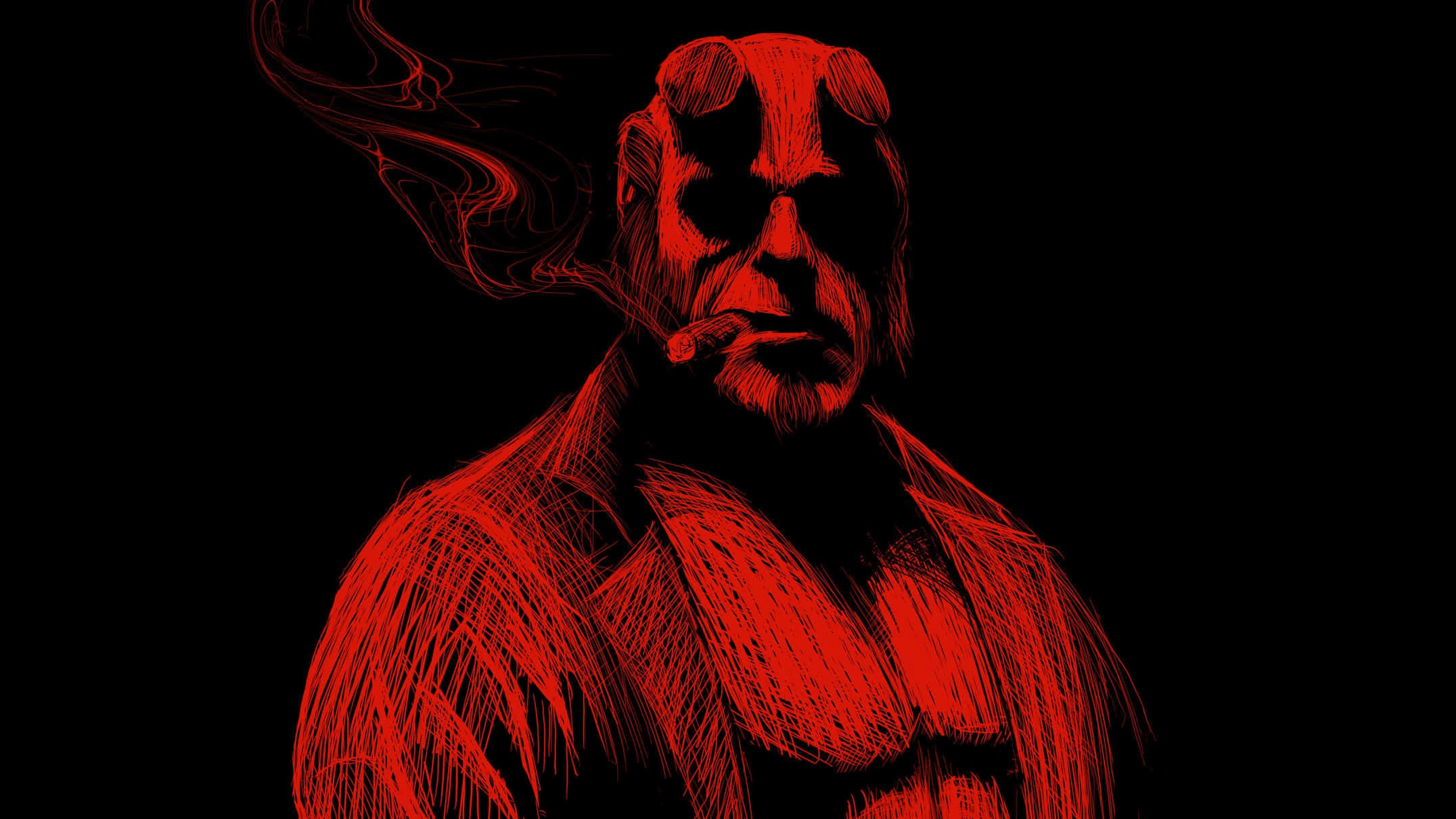 Hellboy, red line-art illustration, cigar, Full HD Desktop Wallpaper