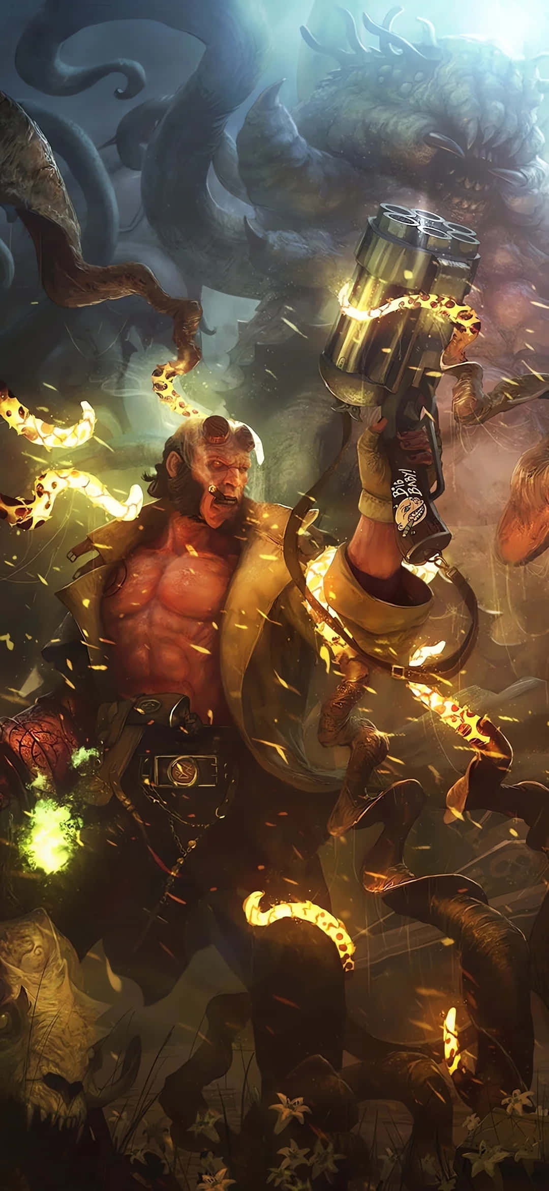 Hellboy, flaming hammer, massive tentacles, Full HD Phone Wallpaper