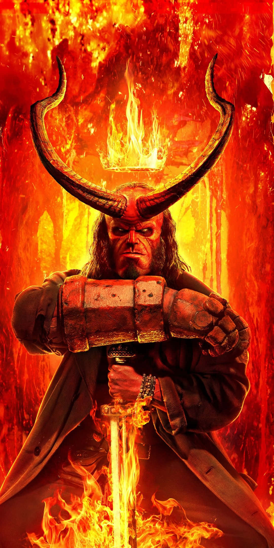 Hellboy, flaming crown, glowing sword, Full HD Phone Wallpaper