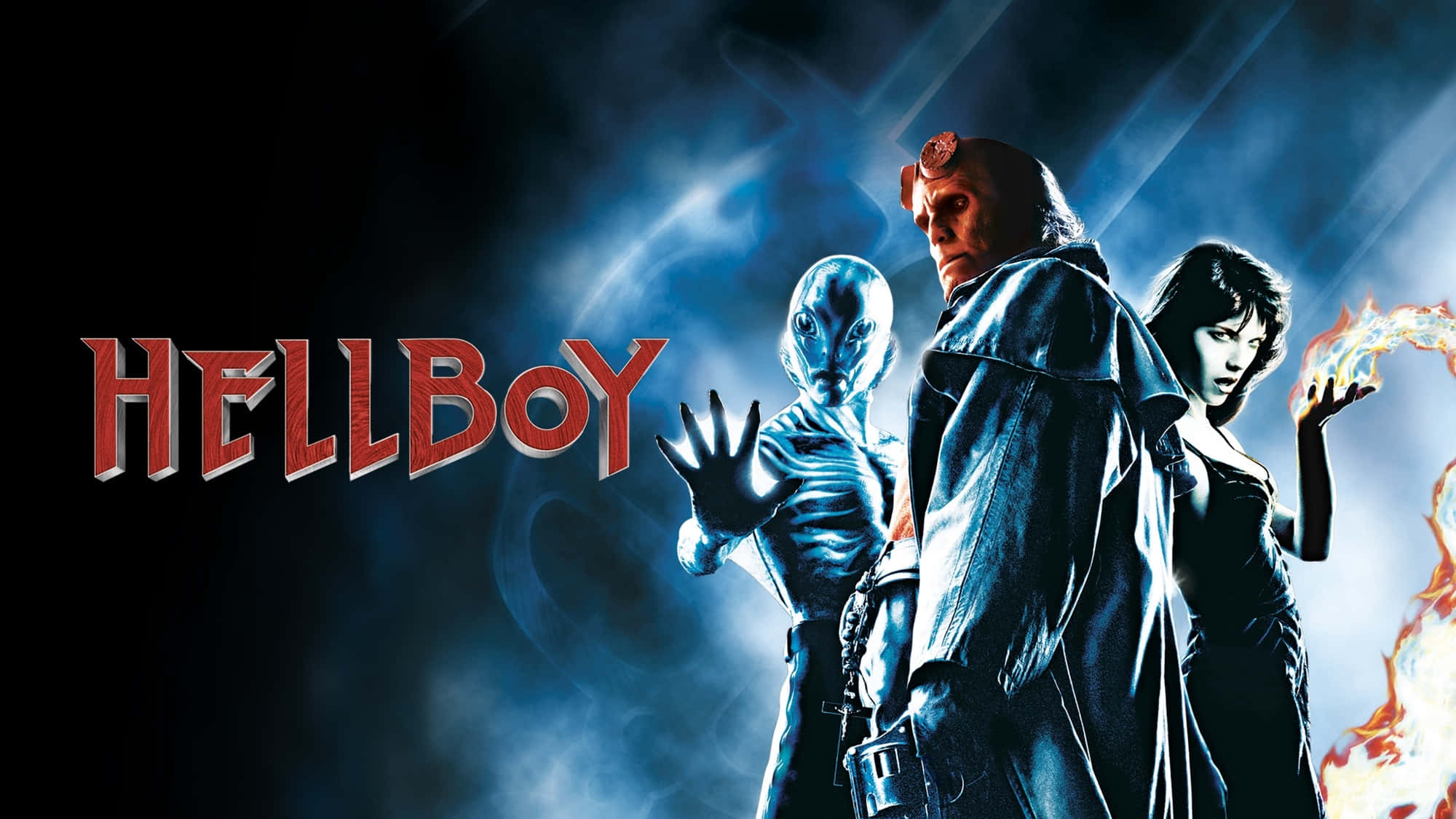 Hellboy, blue-skinned alien, woman with fire in hand, Full HD Desktop Wallpaper