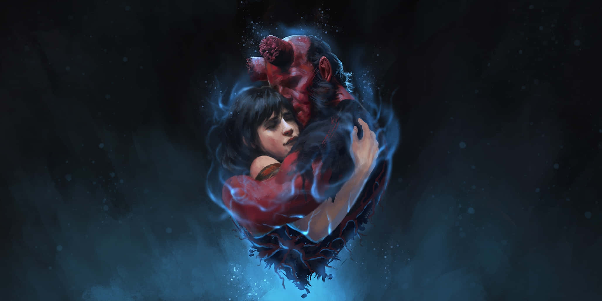 Hellboy, red horned demon, glowing blue heart-shaped aura, Full HD Desktop Wallpaper