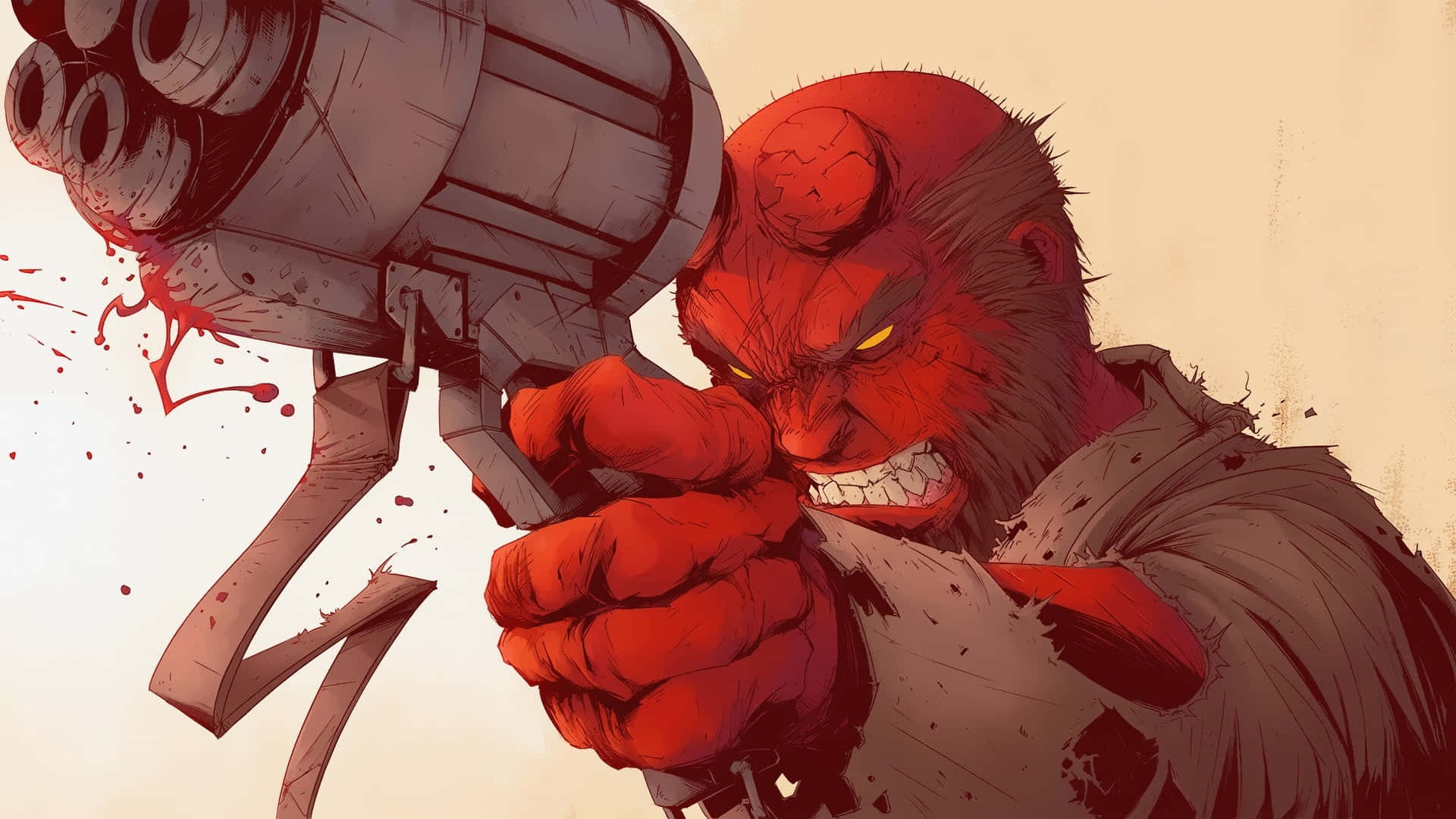 Hellboy, massive blood-splattered cannon, fierce grimace, Full HD Desktop Wallpaper