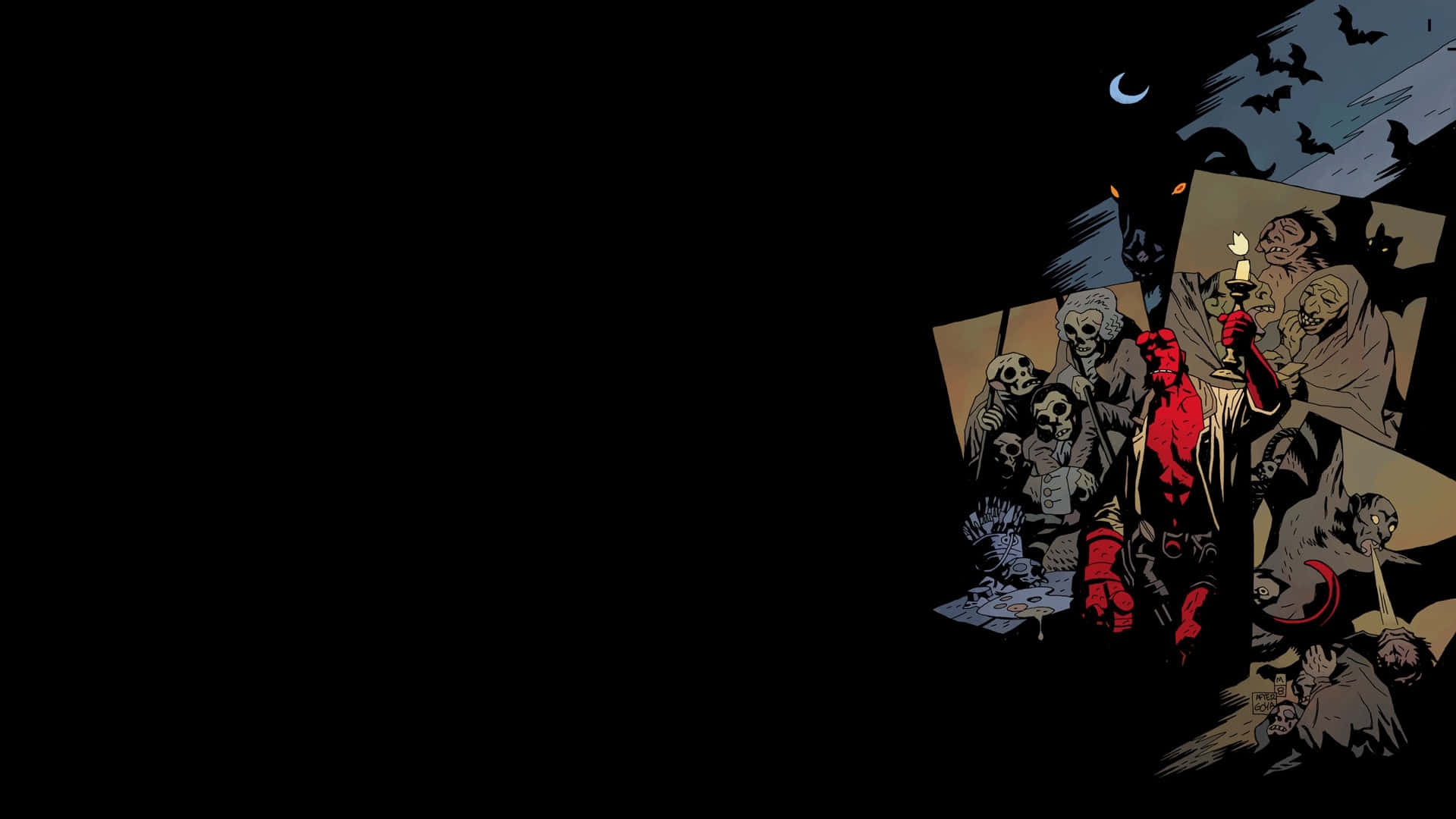Hellboy, crescent moon, bats flying, Full HD Desktop Wallpaper