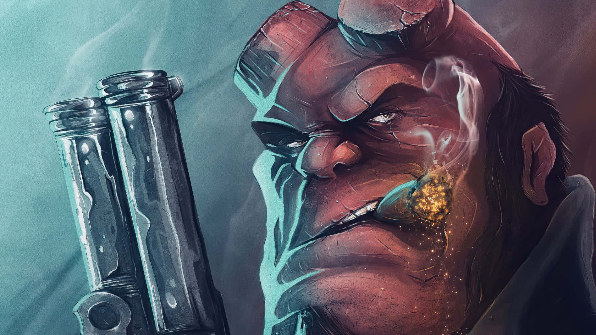 Hellboy, cigar, dual pistols, Full HD Desktop Wallpaper