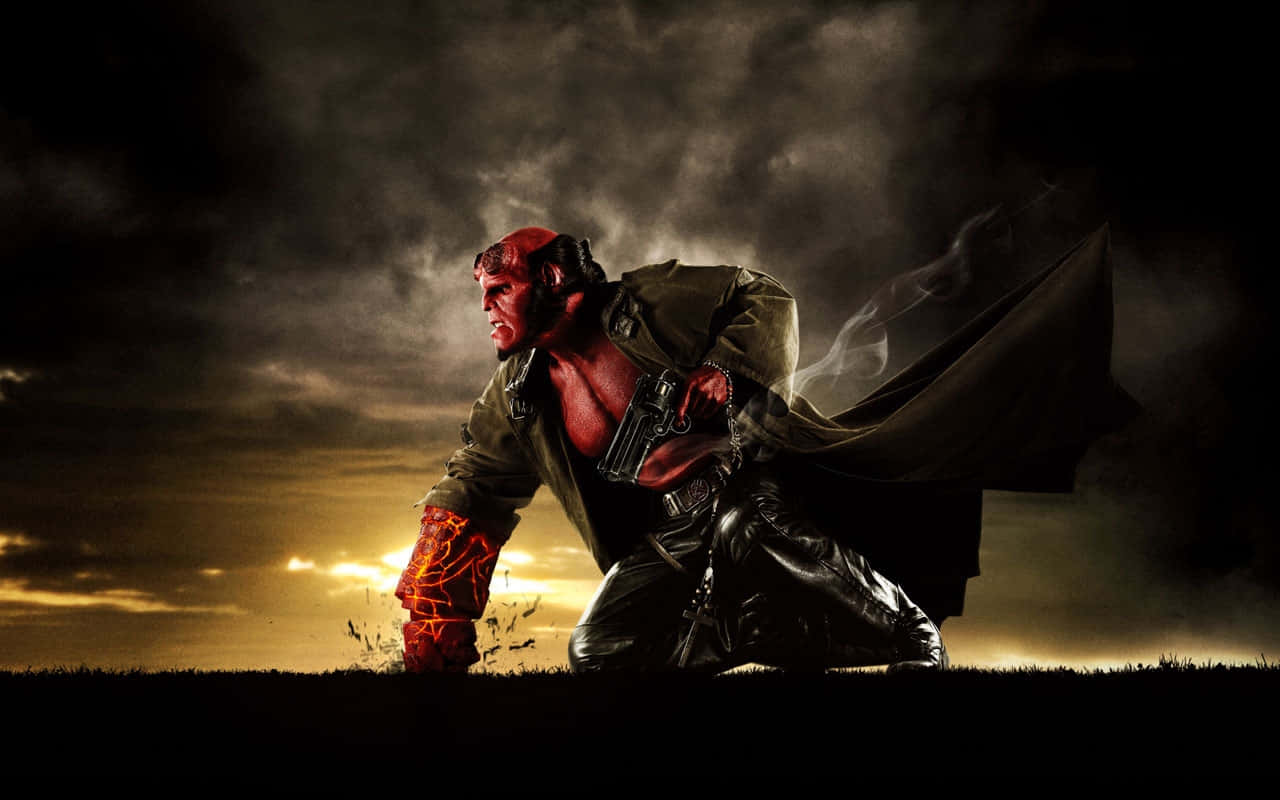 Hellboy, dramatic pose, sunset, HD Desktop Wallpaper