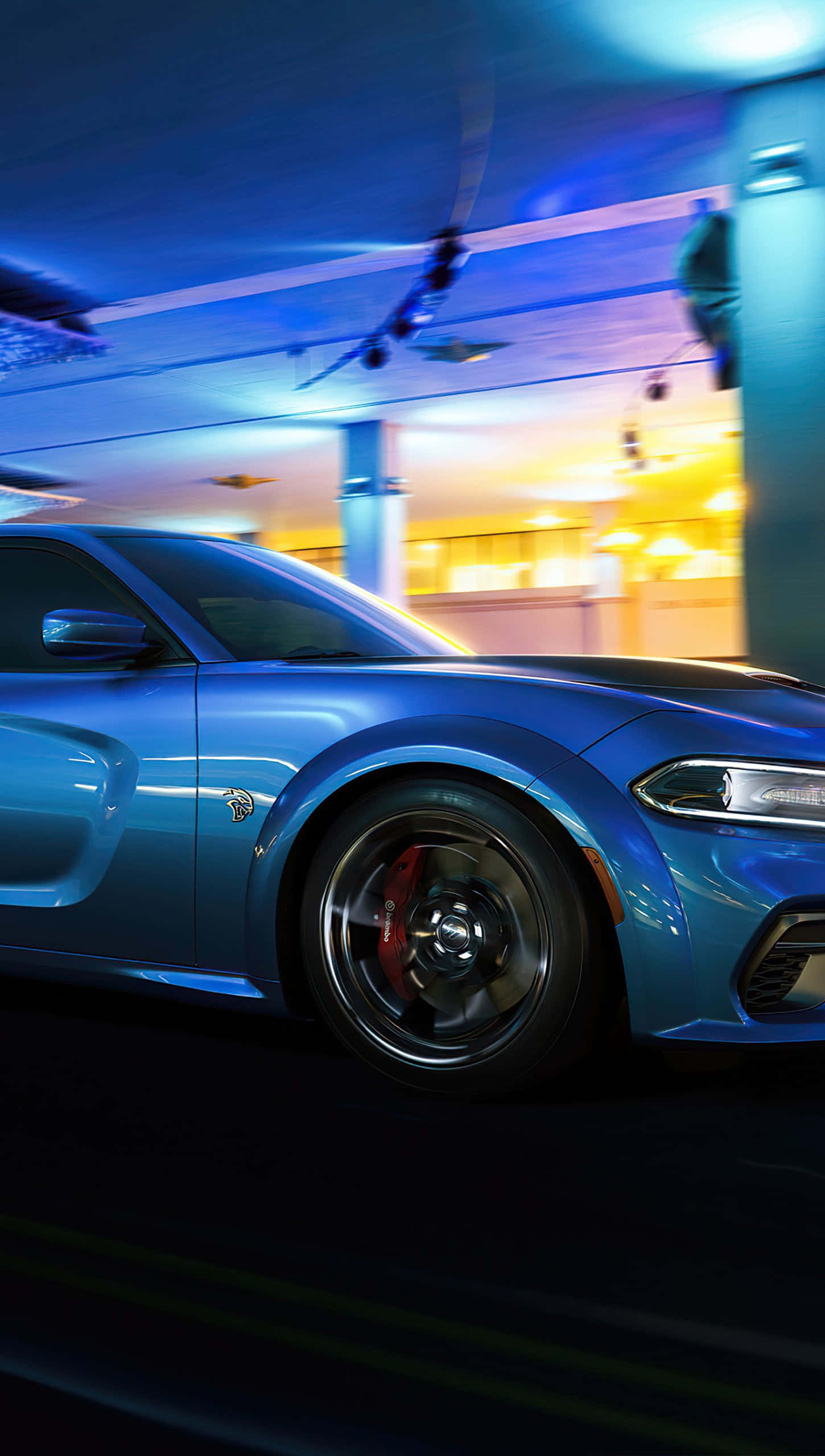 Hellcat iPhone, neon-lit urban tunnel, sleek blue sports car, Full HD Phone Wallpaper