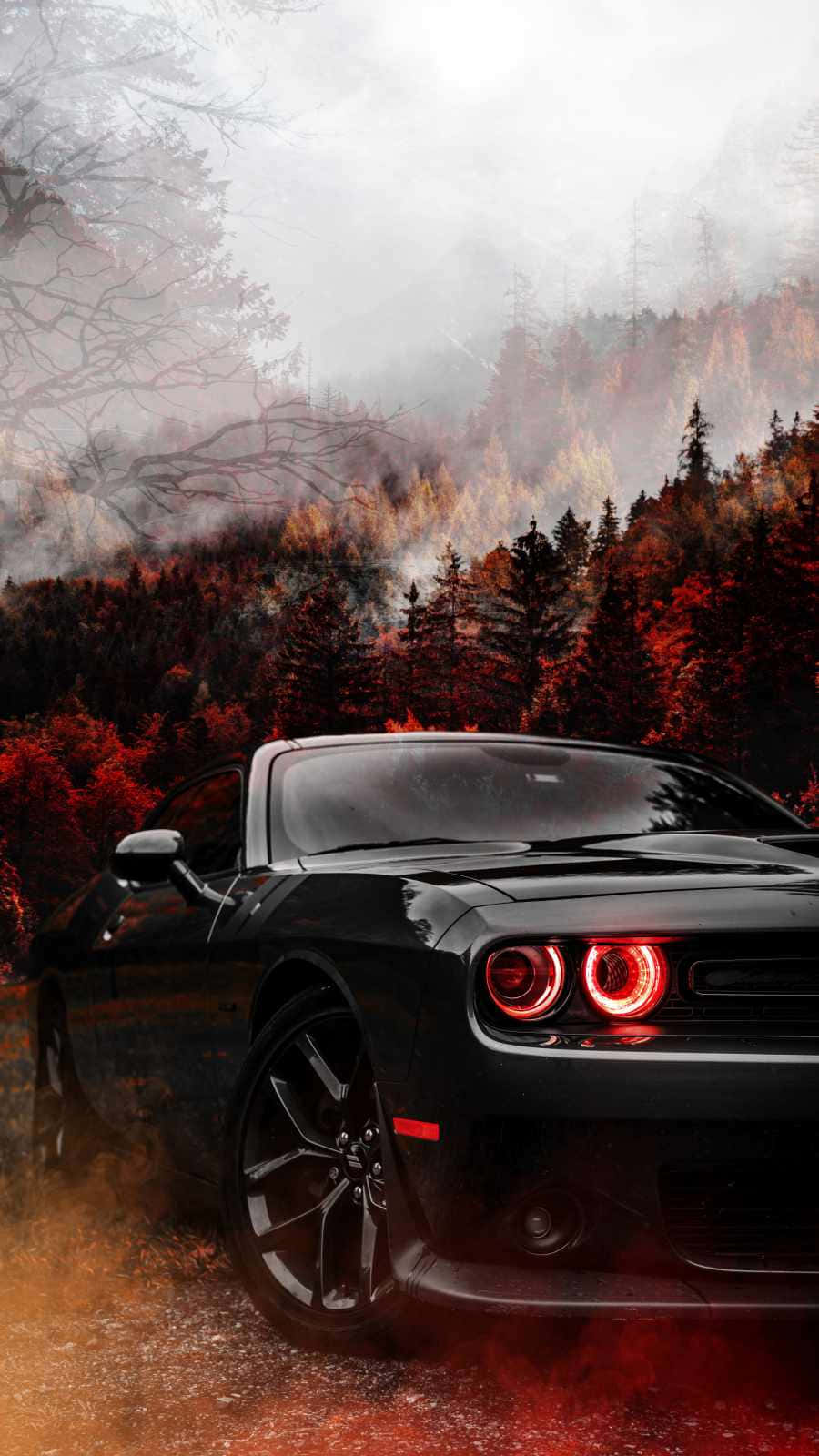 Hellcat iPhone, black, glowing red headlights, HD Phone Wallpaper