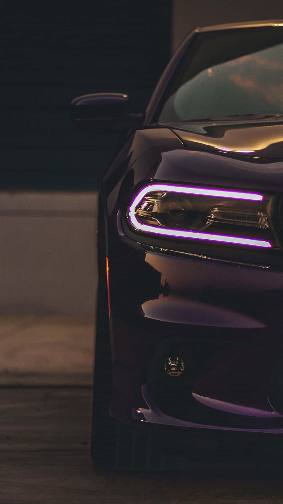 Hellcat iPhone, dark purple, glowing purple headlights, HD Phone Wallpaper