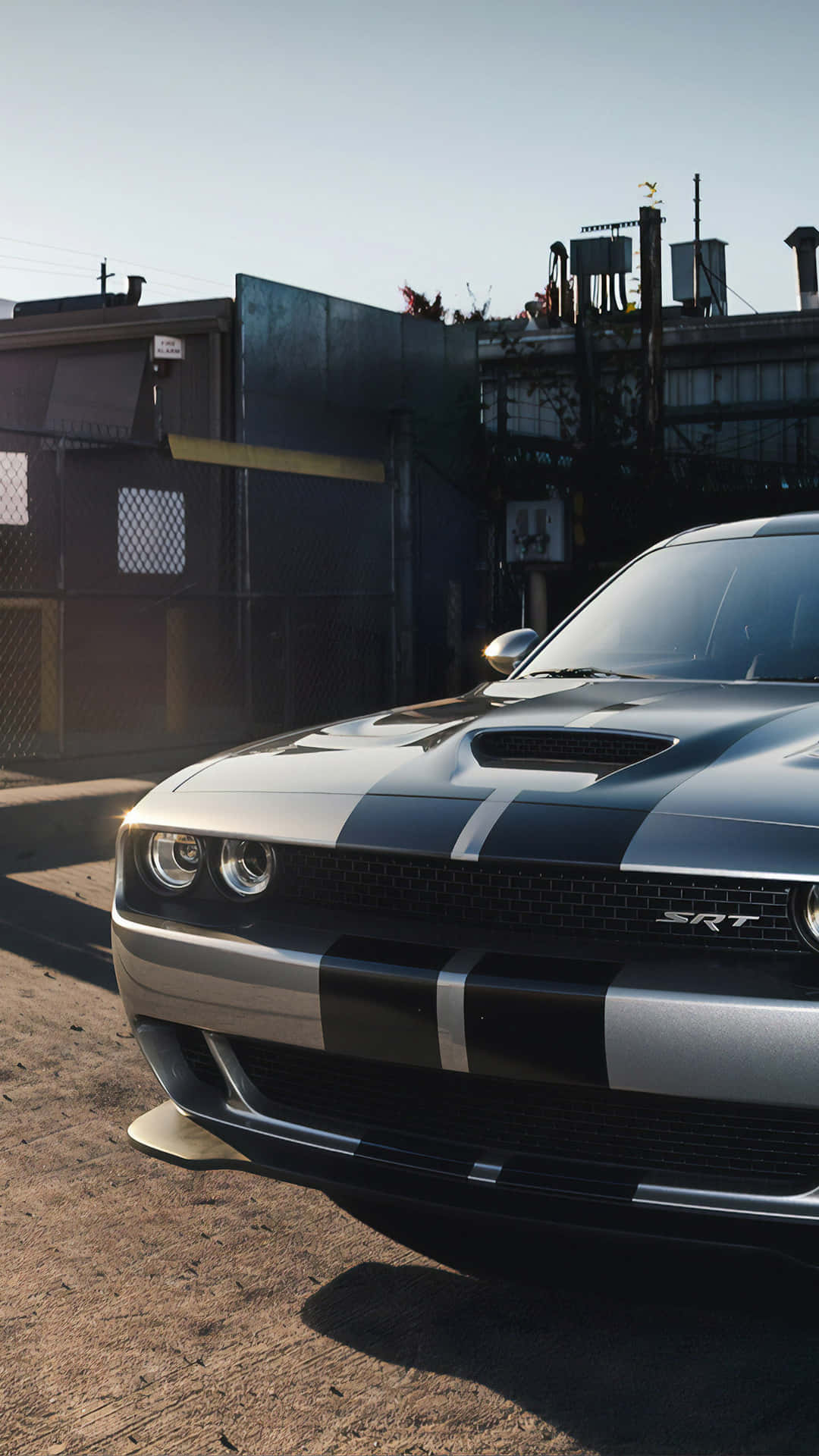 Hellcat iPhone, sleek silver Dodge Challenger SRT, black racing stripes, Full HD Phone Wallpaper