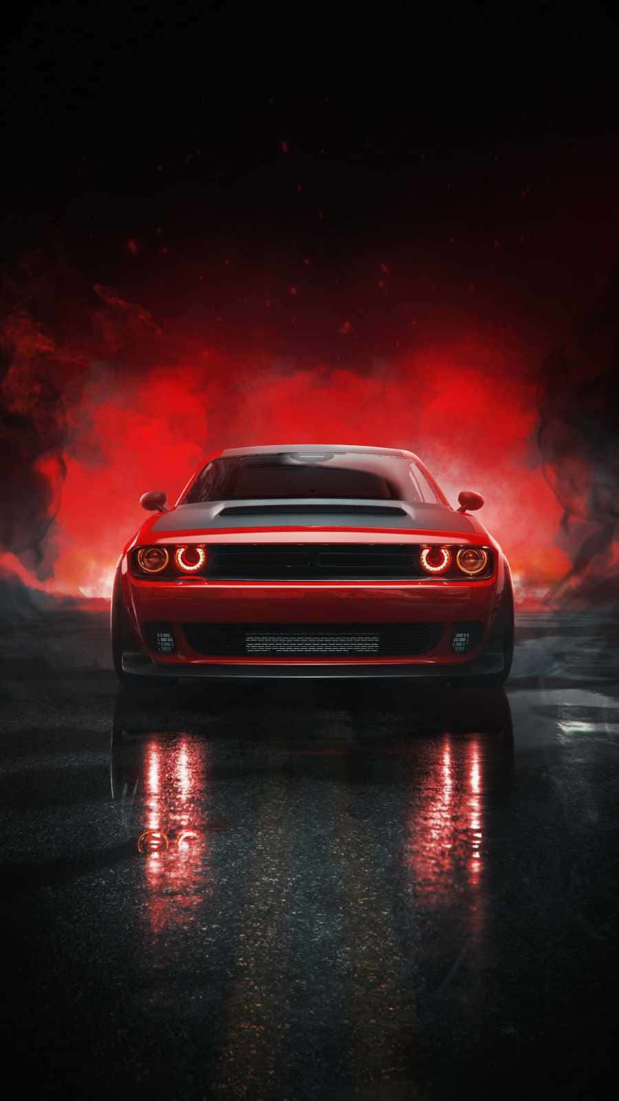 Hellcat iPhone, red muscle car, wet road, HD Phone Wallpaper
