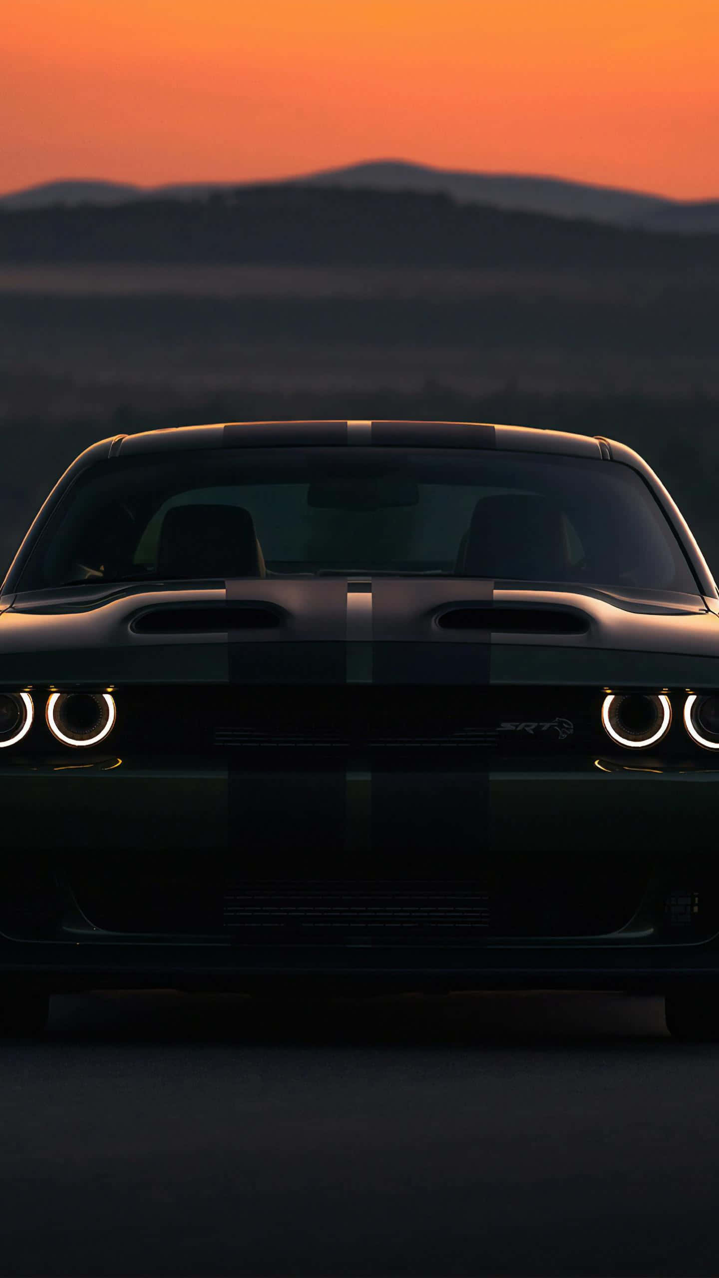 Hellcat iPhone, black, glowing headlights, 2K Phone Wallpaper