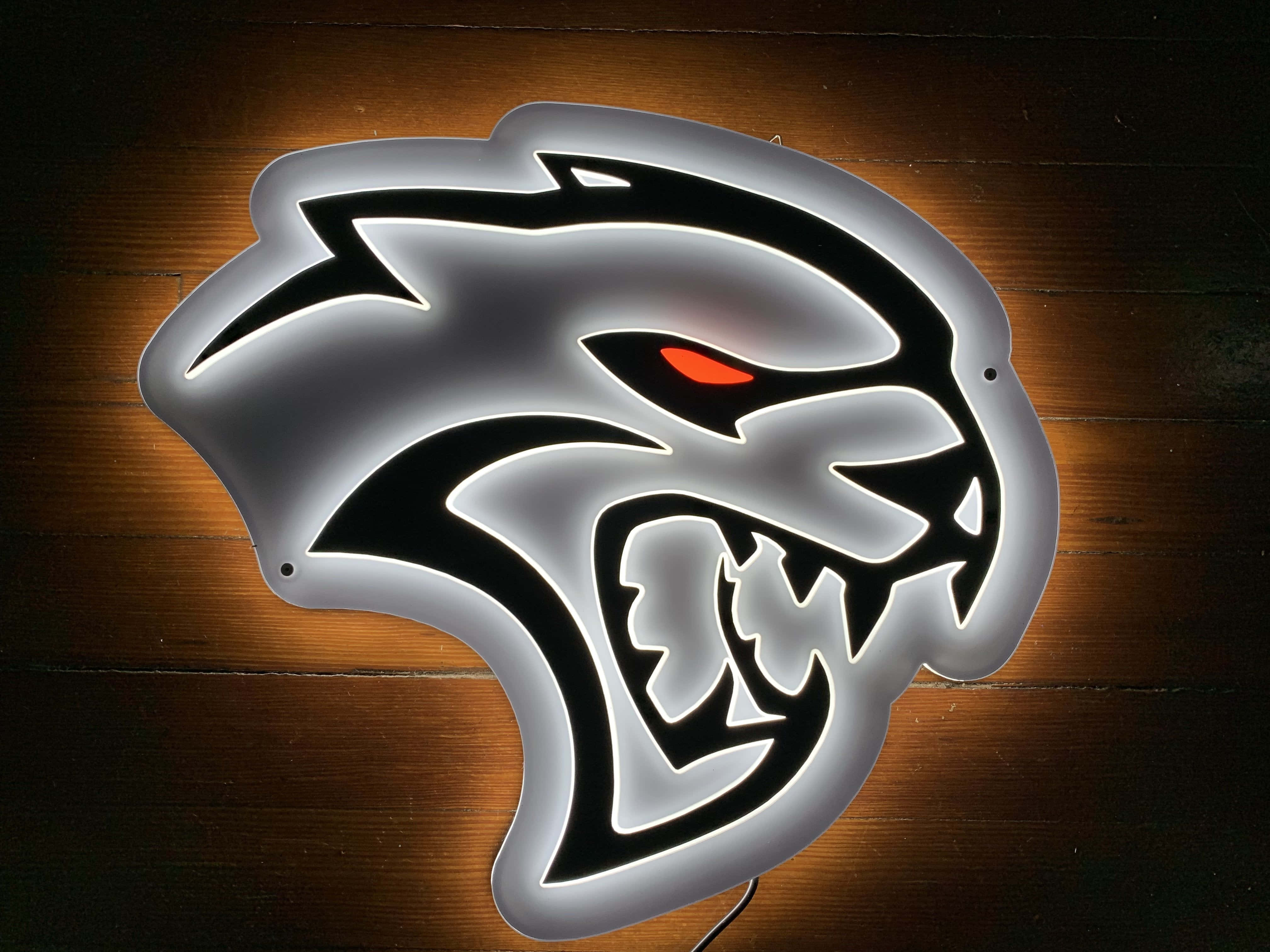 Hellcat Redeye Logo, neon sign, snarling panther head, 4K Desktop Wallpaper