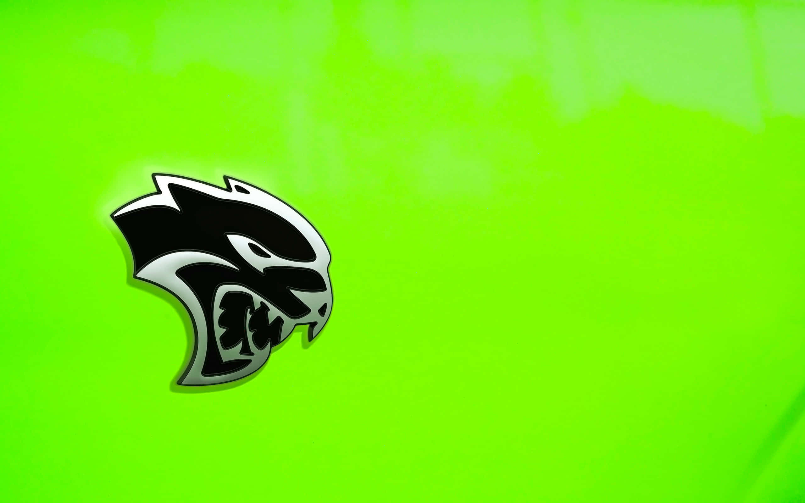 Hellcat Redeye Logo, black and silver panther head emblem, vibrant neon green background, 2K Desktop Wallpaper