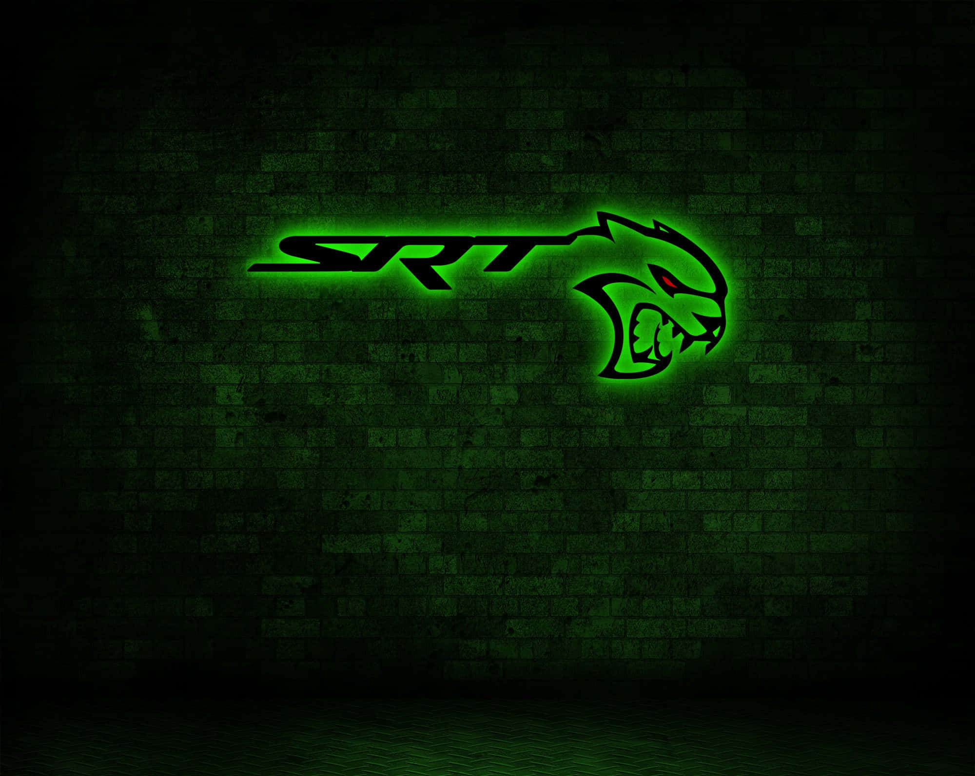 Green Hellcat Redeye Logo, neon wall, snarling panther head, Full HD Desktop Wallpaper