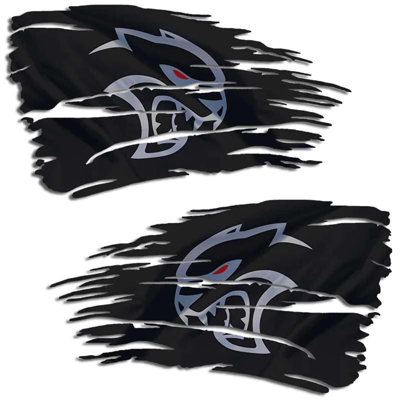 Hellcat Redeye Logo, torn black pirate flags, silver shark head, HD Desktop Wallpaper