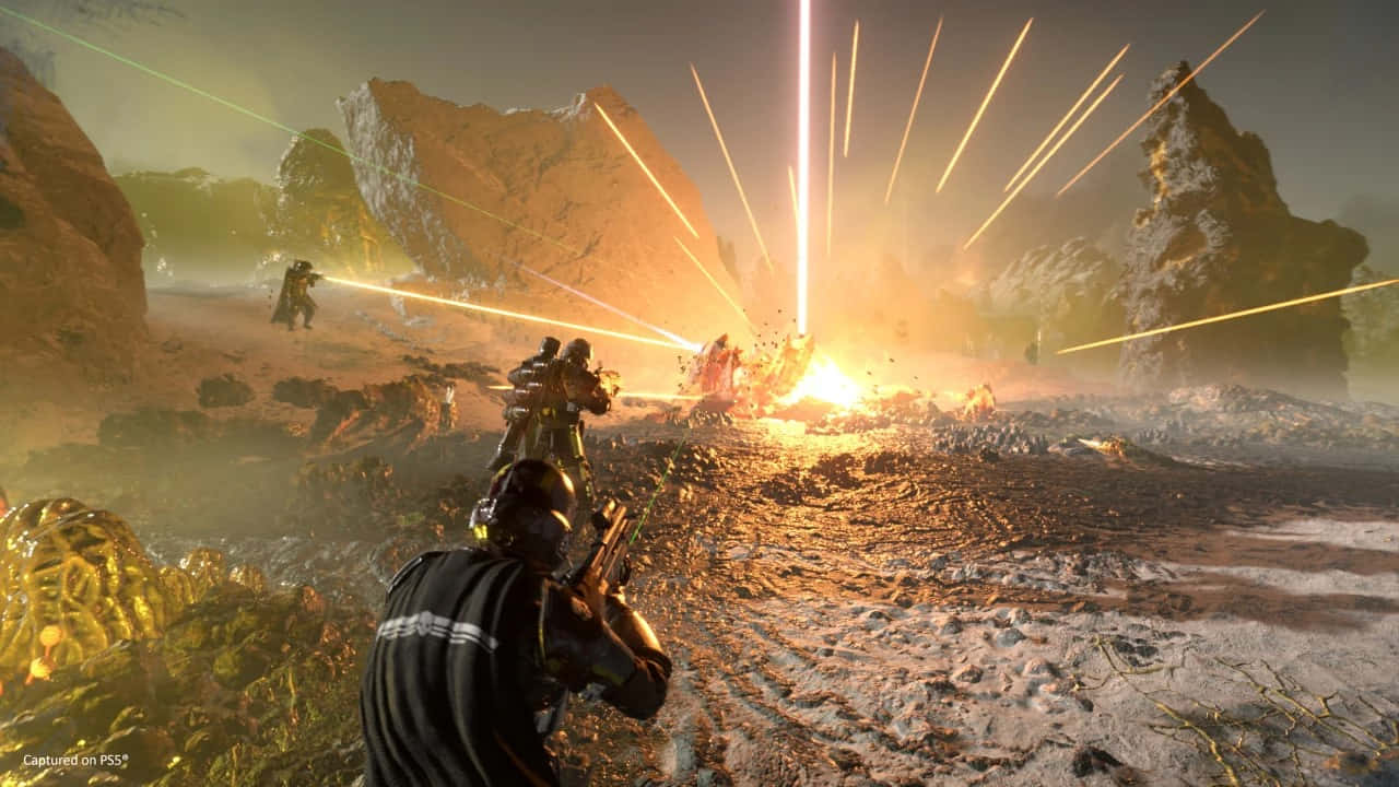 Helldivers 2, alien battlefield, laser blasts, HD Desktop Wallpaper