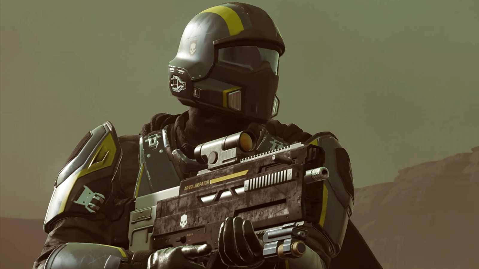 Helldivers 2, black and yellow armor, heavy weapon, HD Desktop Wallpaper