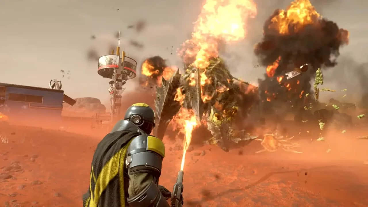 Helldivers 2, futuristic armor, massive exploding mech, HD Desktop Wallpaper