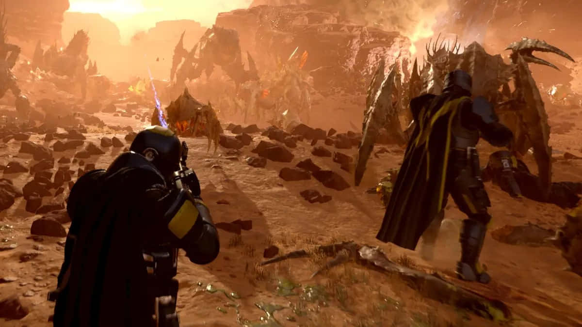 Helldivers 2, armored warriors, giant insectoid monsters, SD Desktop Wallpaper
