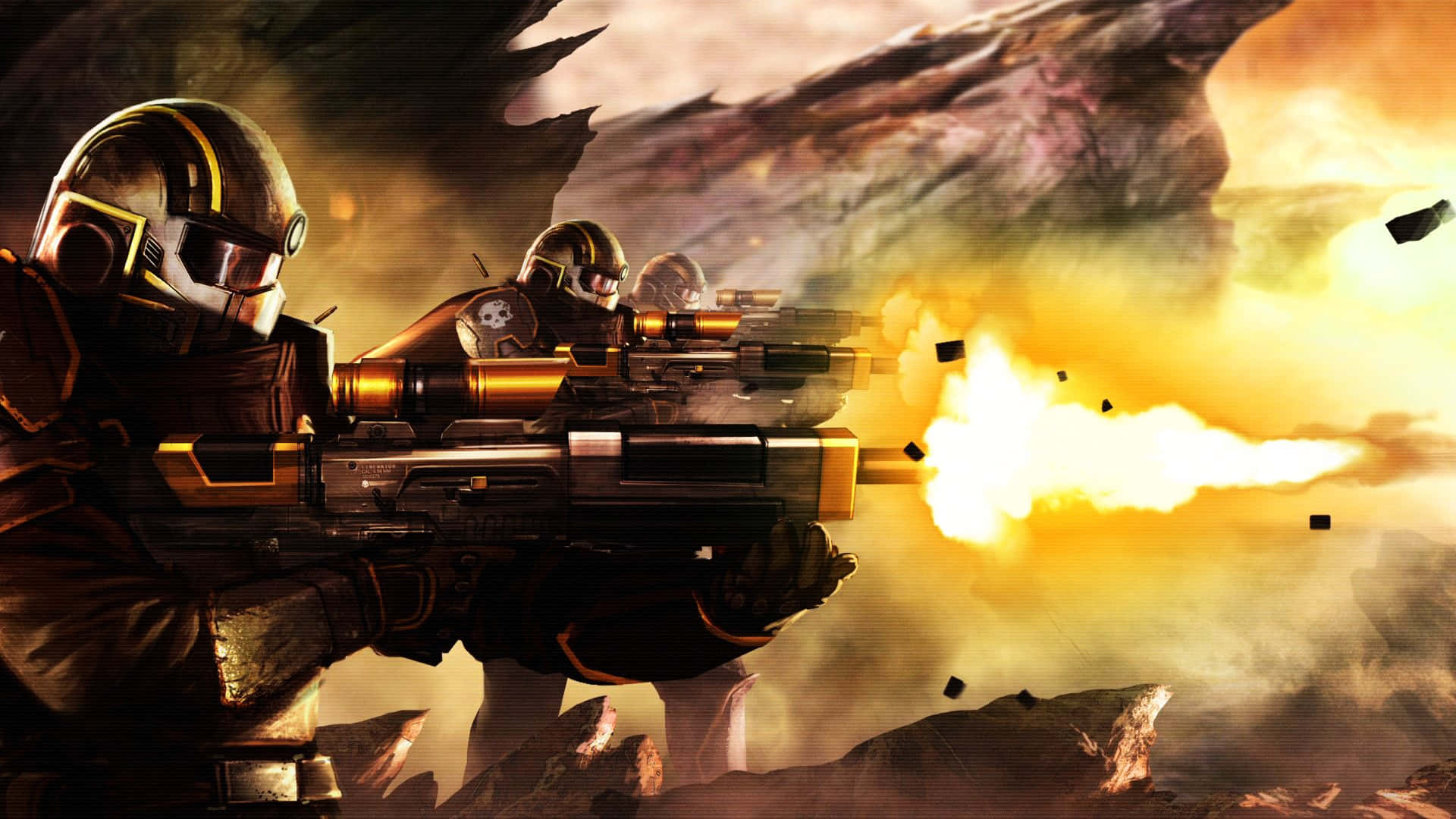 Helldivers, futuristic armor, heavy weapons, Full HD Desktop Wallpaper