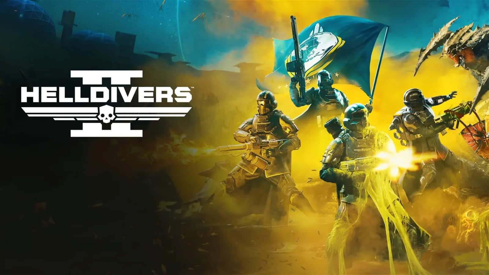 Helldivers, futuristic armor, explosions, HD Desktop Wallpaper