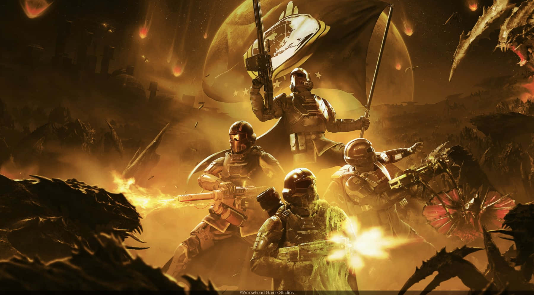 Helldivers 2, armored soldiers, fiery alien battlefield, HD Desktop Wallpaper