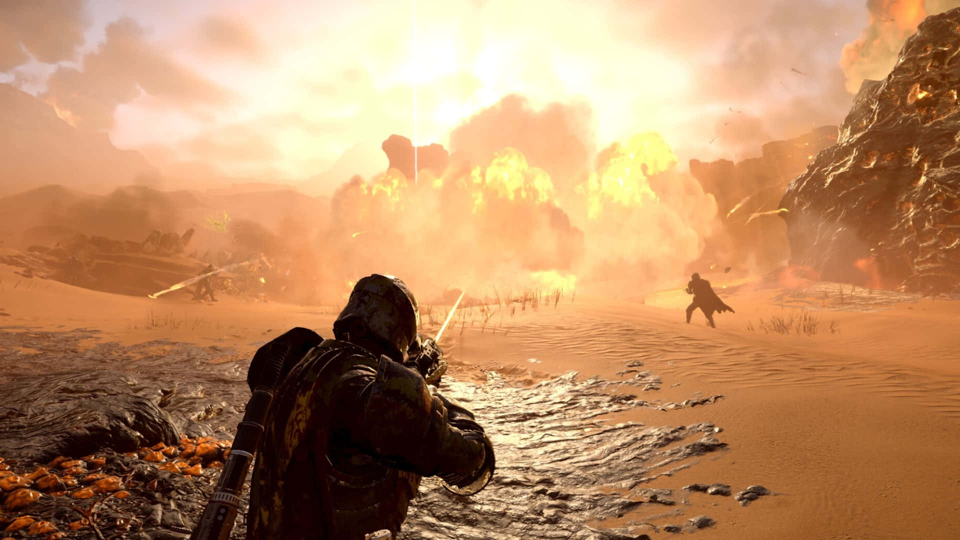 Helldivers 2, desert battlefield, explosions, Full HD Desktop Wallpaper